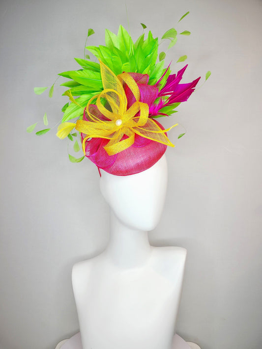 kentucky derby hat fascinator hot pin fuchsia sinamay with lime green feathers and bright yellowsinamay bow flower