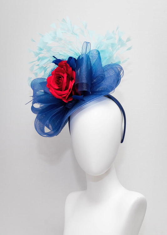 kentucky derby hat fascinator red rose flower with navy blue crinoline bow and aqua turquoise blue  feather cascade