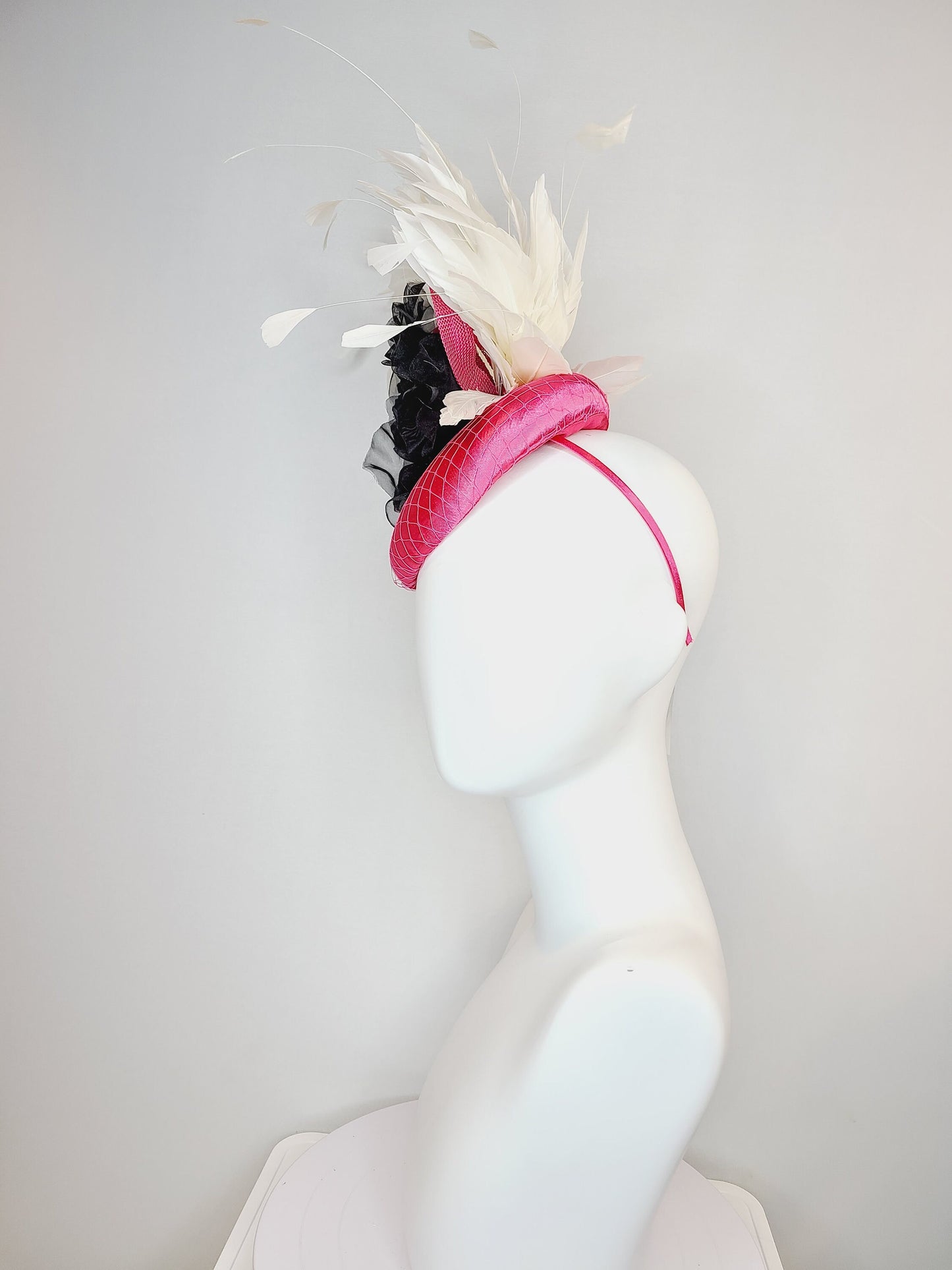 kentucky derby hat fascinator pink fuchsia satin with gorgeous black organza velvet flower rose and white feathers