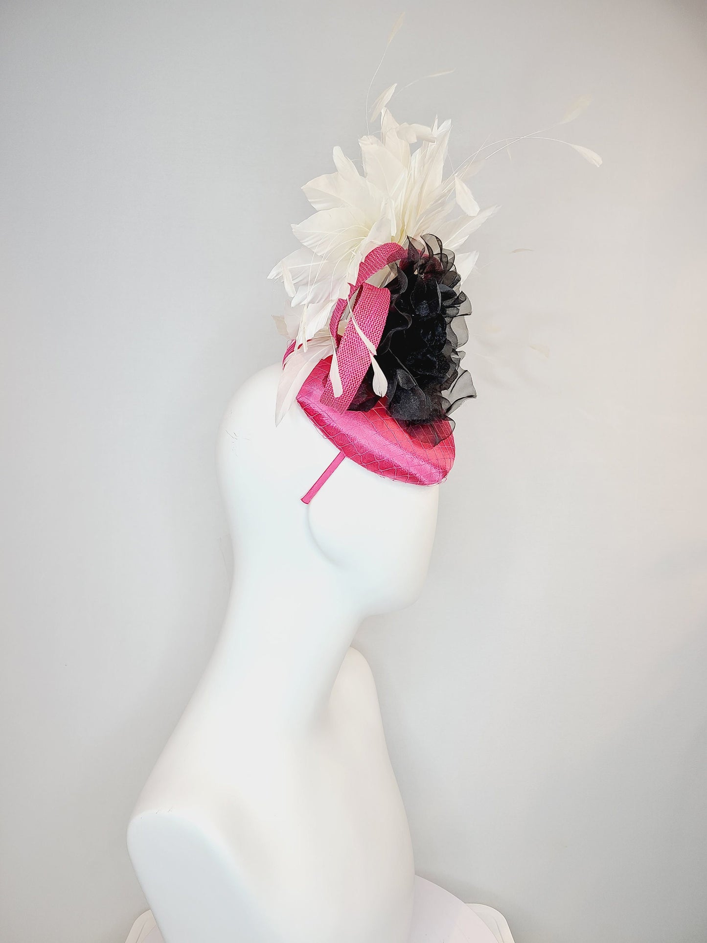 kentucky derby hat fascinator pink fuchsia satin with gorgeous black organza velvet flower rose and white feathers