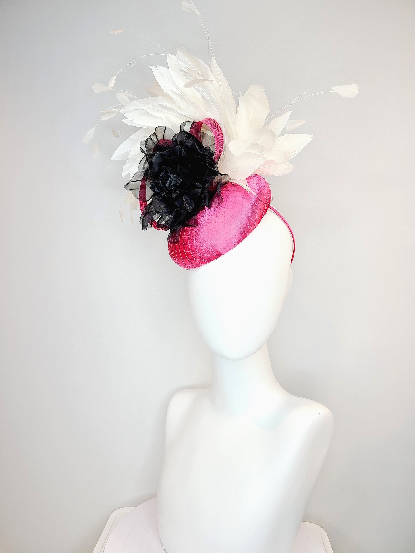 kentucky derby hat fascinator pink fuchsia satin with gorgeous black organza velvet flower rose and white feathers