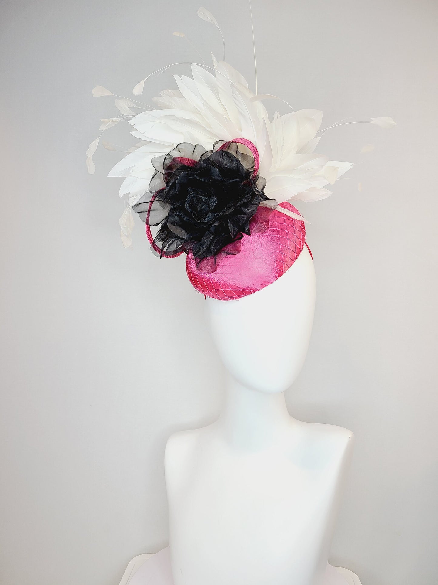 kentucky derby hat fascinator pink fuchsia satin with gorgeous black organza velvet flower rose and white feathers