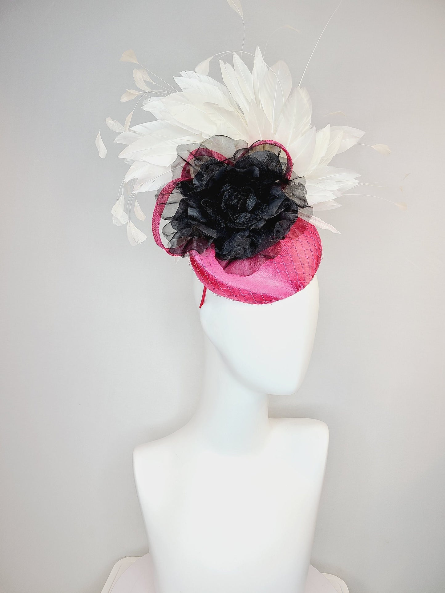 kentucky derby hat fascinator pink fuchsia satin with gorgeous black organza velvet flower rose and white feathers