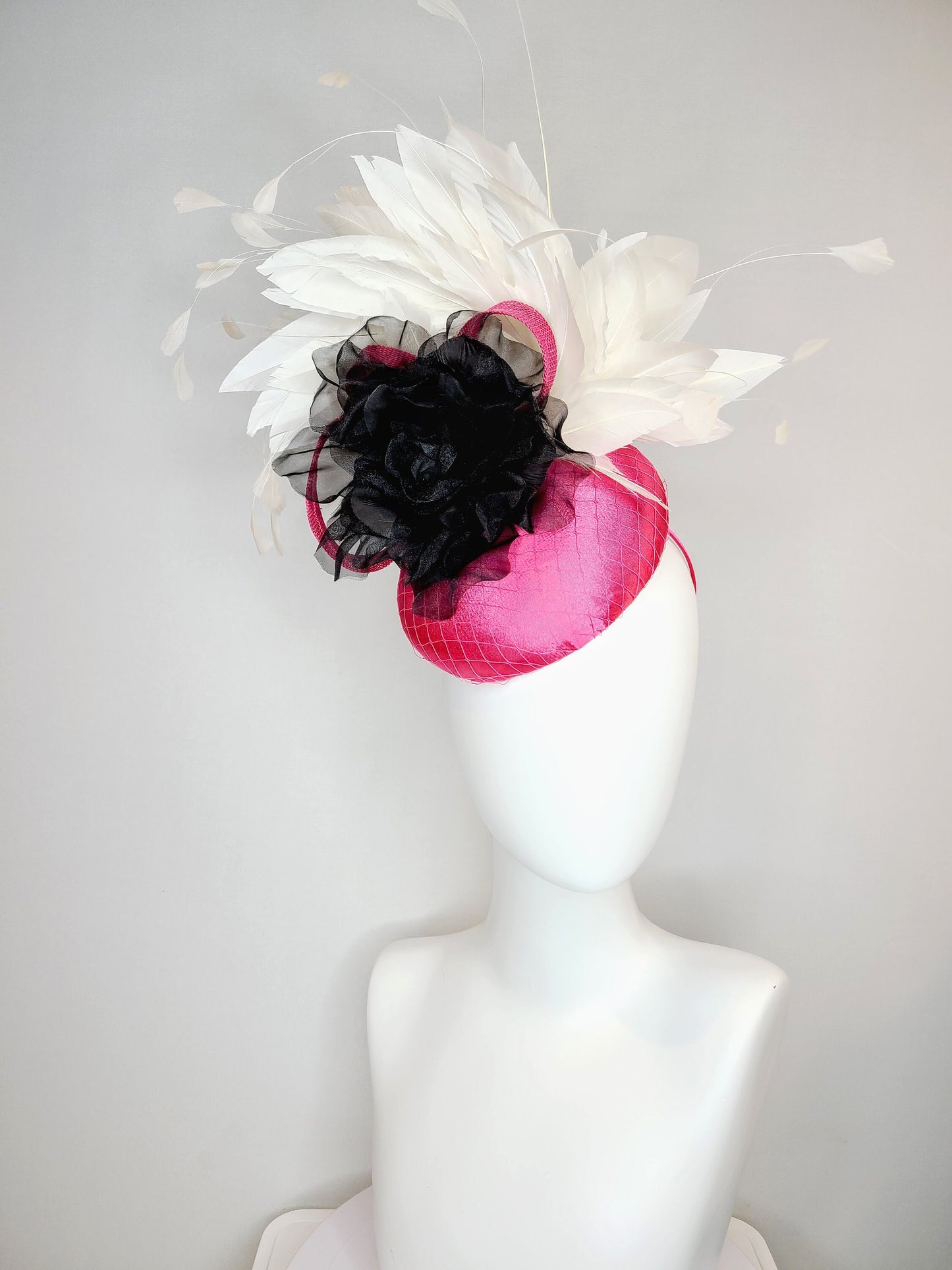 kentucky derby hat fascinator pink fuchsia satin with gorgeous black organza velvet flower rose and white feathers