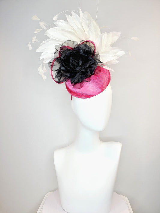 kentucky derby hat fascinator pink fuchsia satin with gorgeous black organza velvet flower rose and white feathers