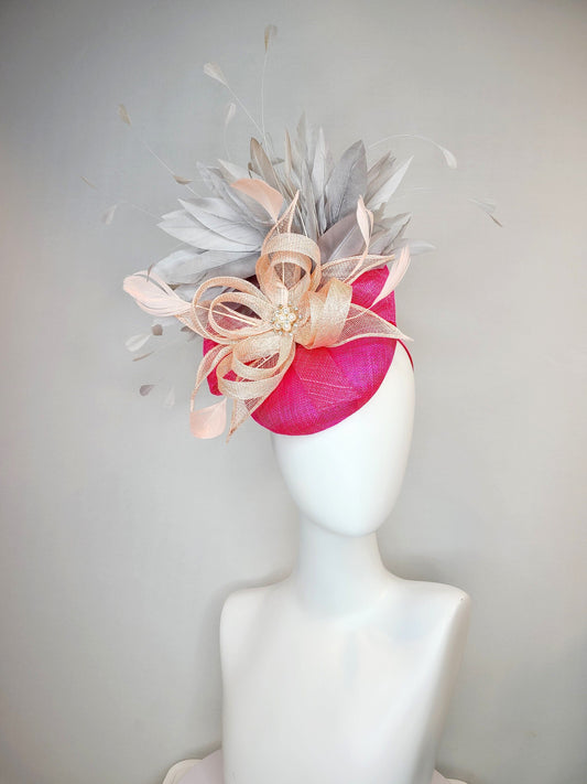 kentucky derby hat fascinator hot pink sinamay saucer with gray silver feathers pink peach blush sinamay flower bow with pearl jewel