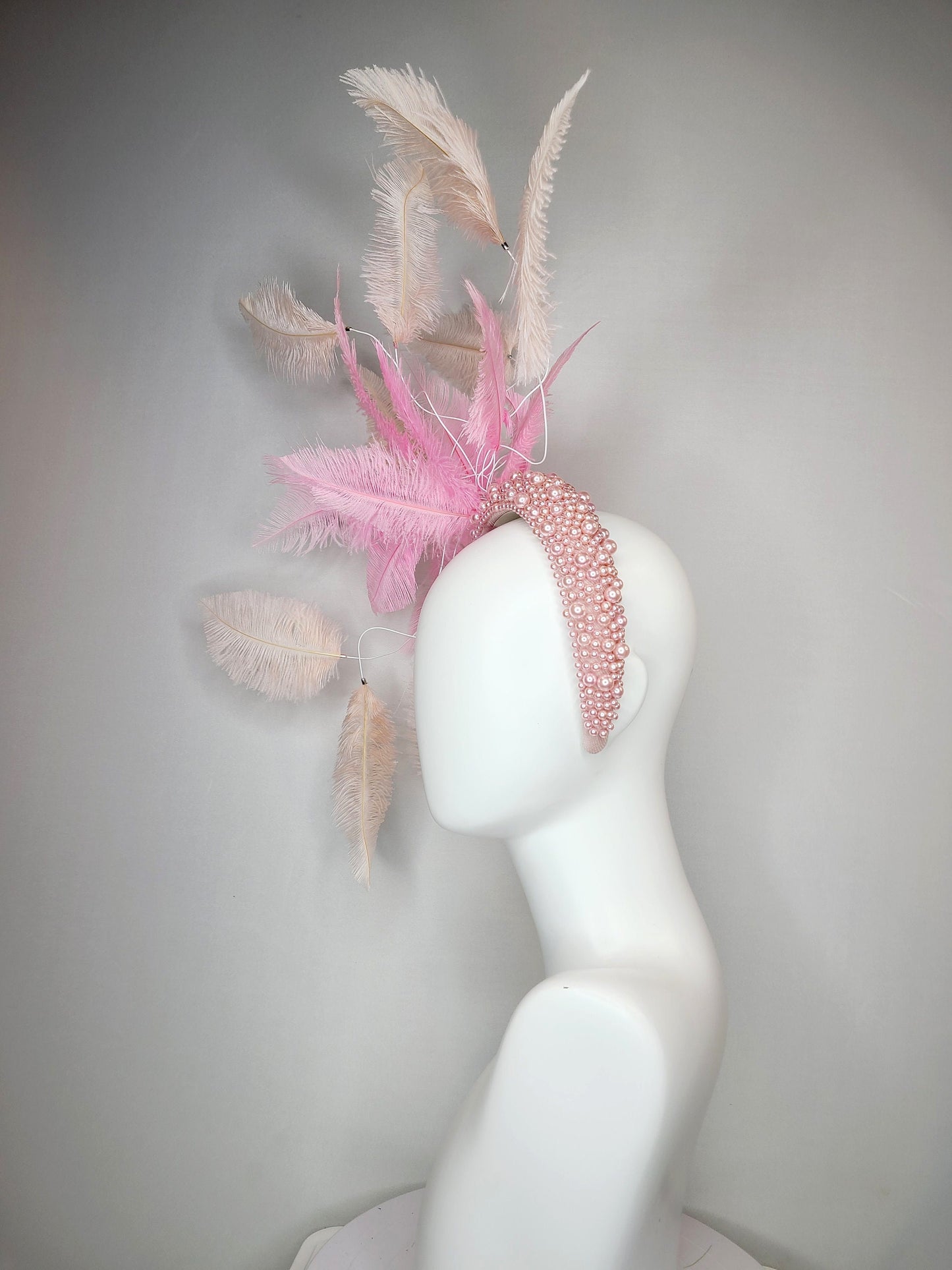 mauve pink kentucky derby hat fascinator light pink pearl headband with light apricot peach pink and pink ostrich feathers large headpiece