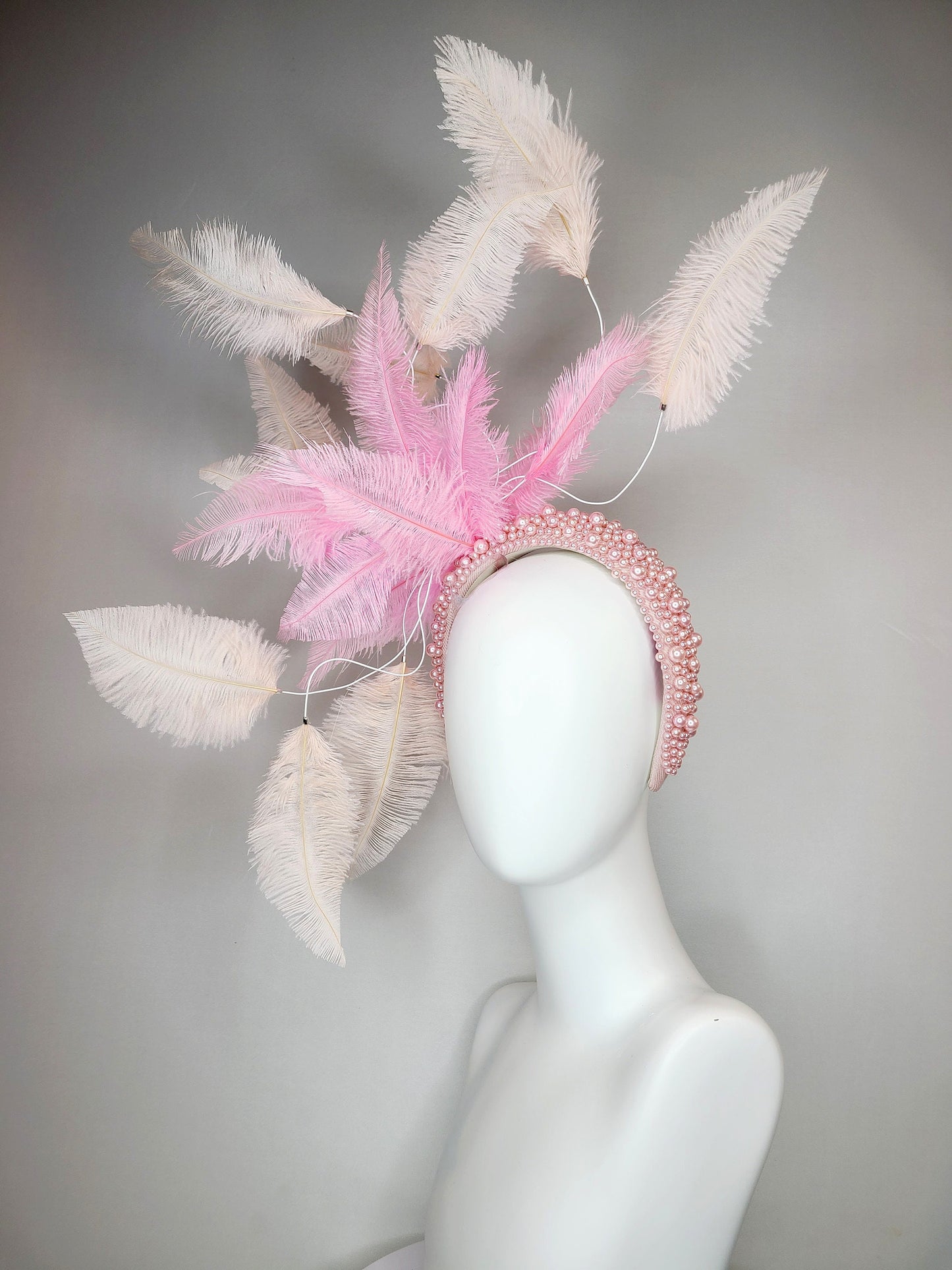 mauve pink kentucky derby hat fascinator light pink pearl headband with light apricot peach pink and pink ostrich feathers large headpiece