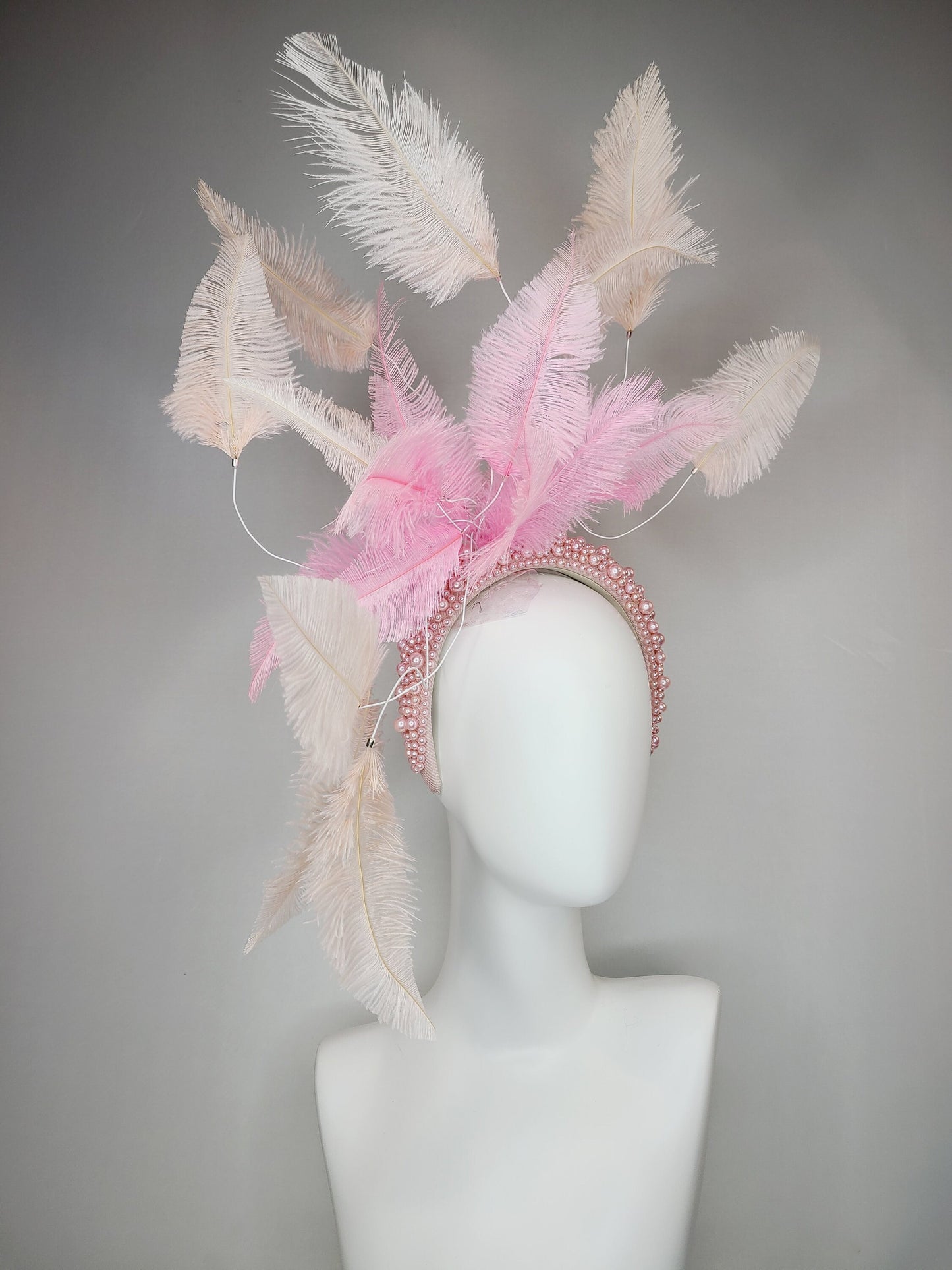 mauve pink kentucky derby hat fascinator light pink pearl headband with light apricot peach pink and pink ostrich feathers large headpiece