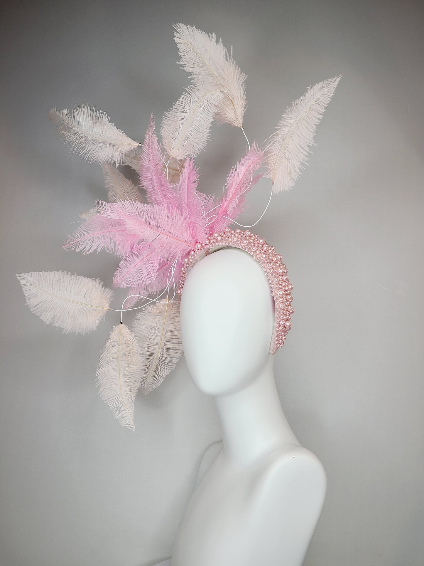 mauve pink kentucky derby hat fascinator light pink pearl headband with light apricot peach pink and pink ostrich feathers large headpiece