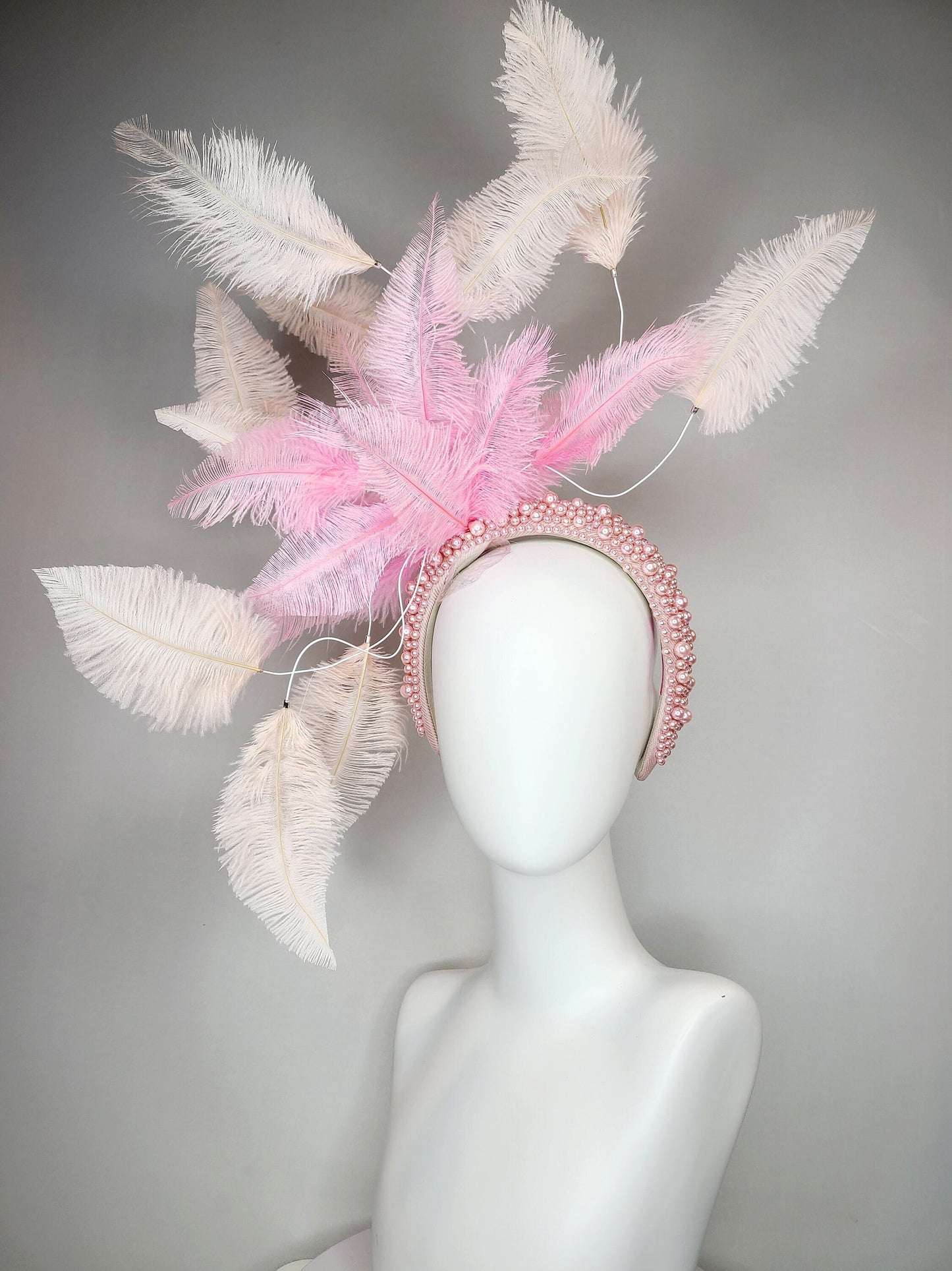 mauve pink kentucky derby hat fascinator light pink pearl headband with light apricot peach pink and pink ostrich feathers large headpiece