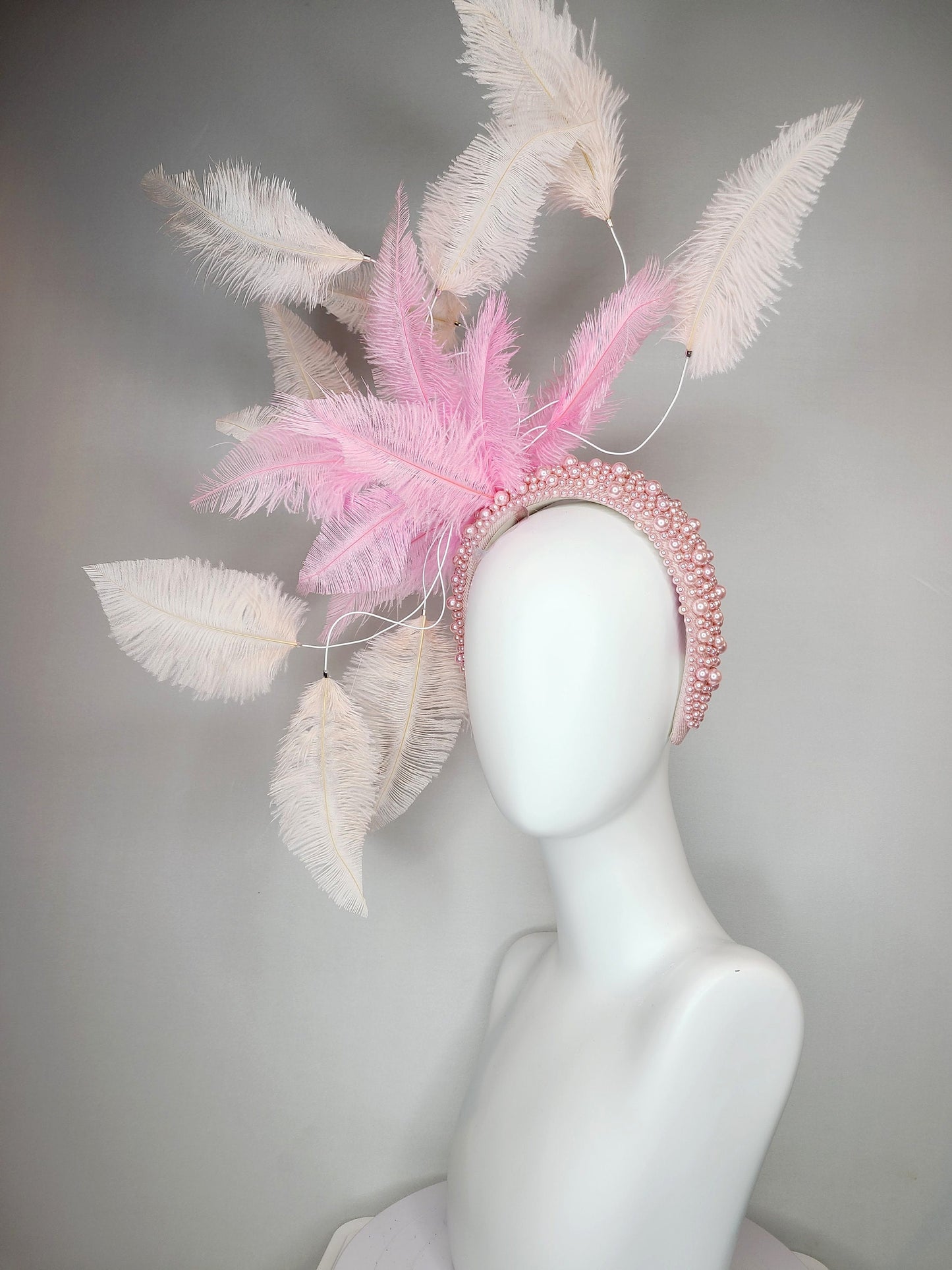 mauve pink kentucky derby hat fascinator light pink pearl headband with light apricot peach pink and pink ostrich feathers large headpiece