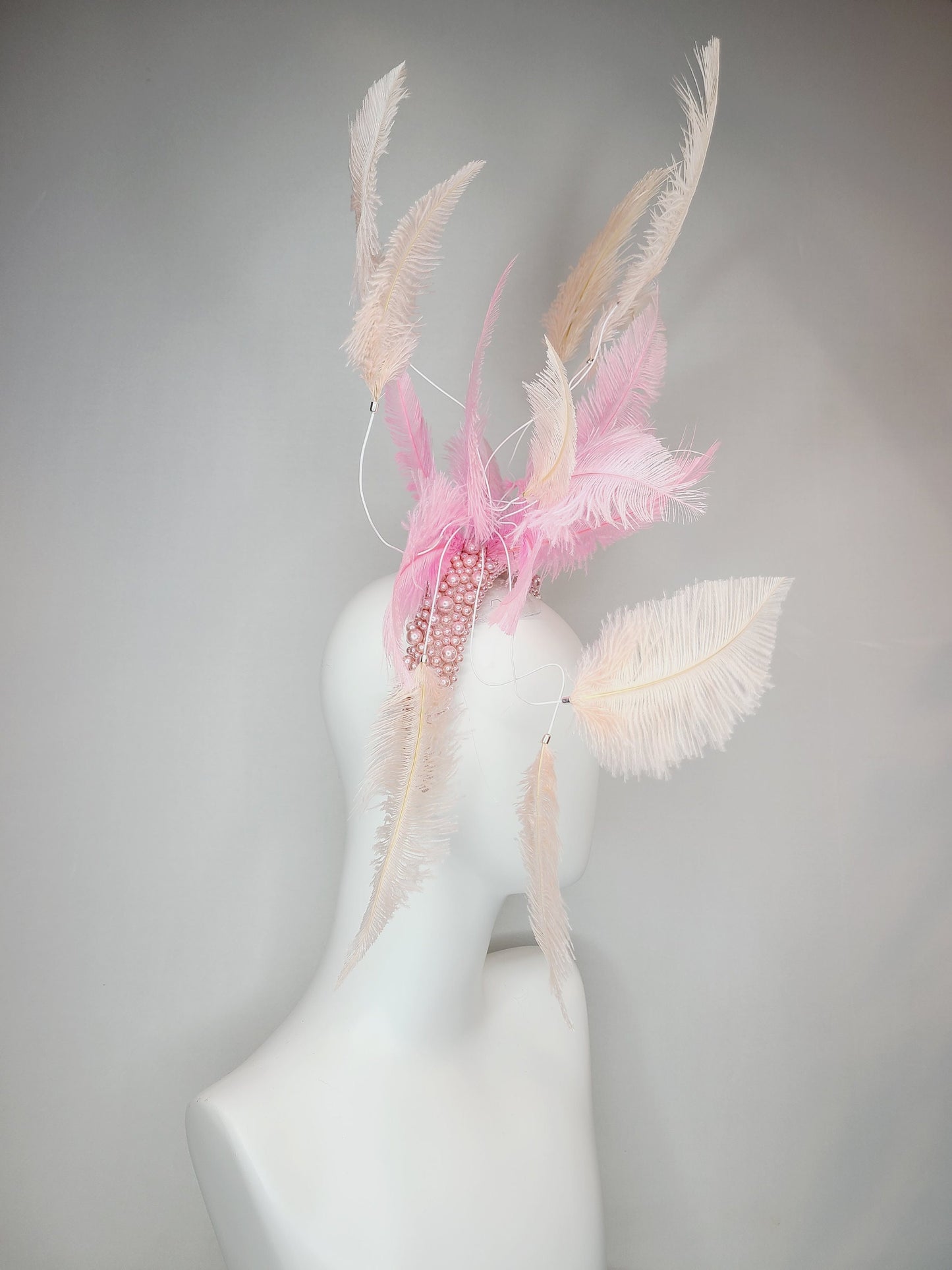 mauve pink kentucky derby hat fascinator light pink pearl headband with light apricot peach pink and pink ostrich feathers large headpiece