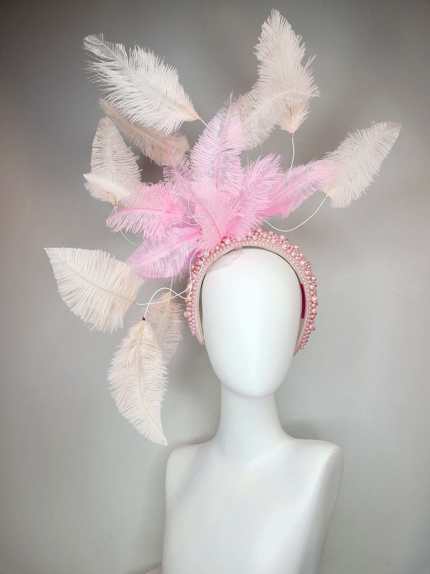 mauve pink kentucky derby hat fascinator light pink pearl headband with light apricot peach pink and pink ostrich feathers large headpiece