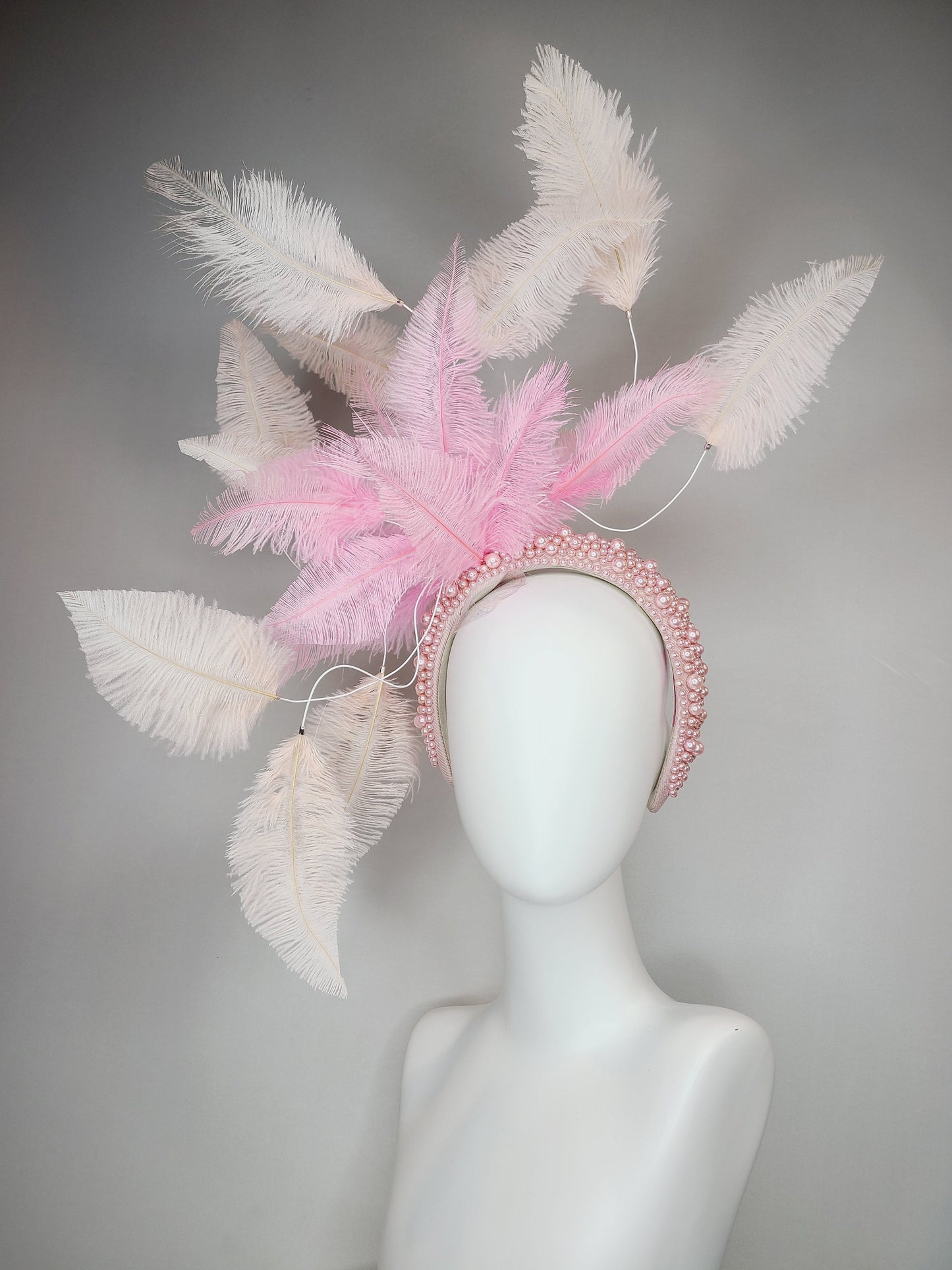 mauve pink kentucky derby hat fascinator light pink pearl headband with light apricot peach pink and pink ostrich feathers large headpiece