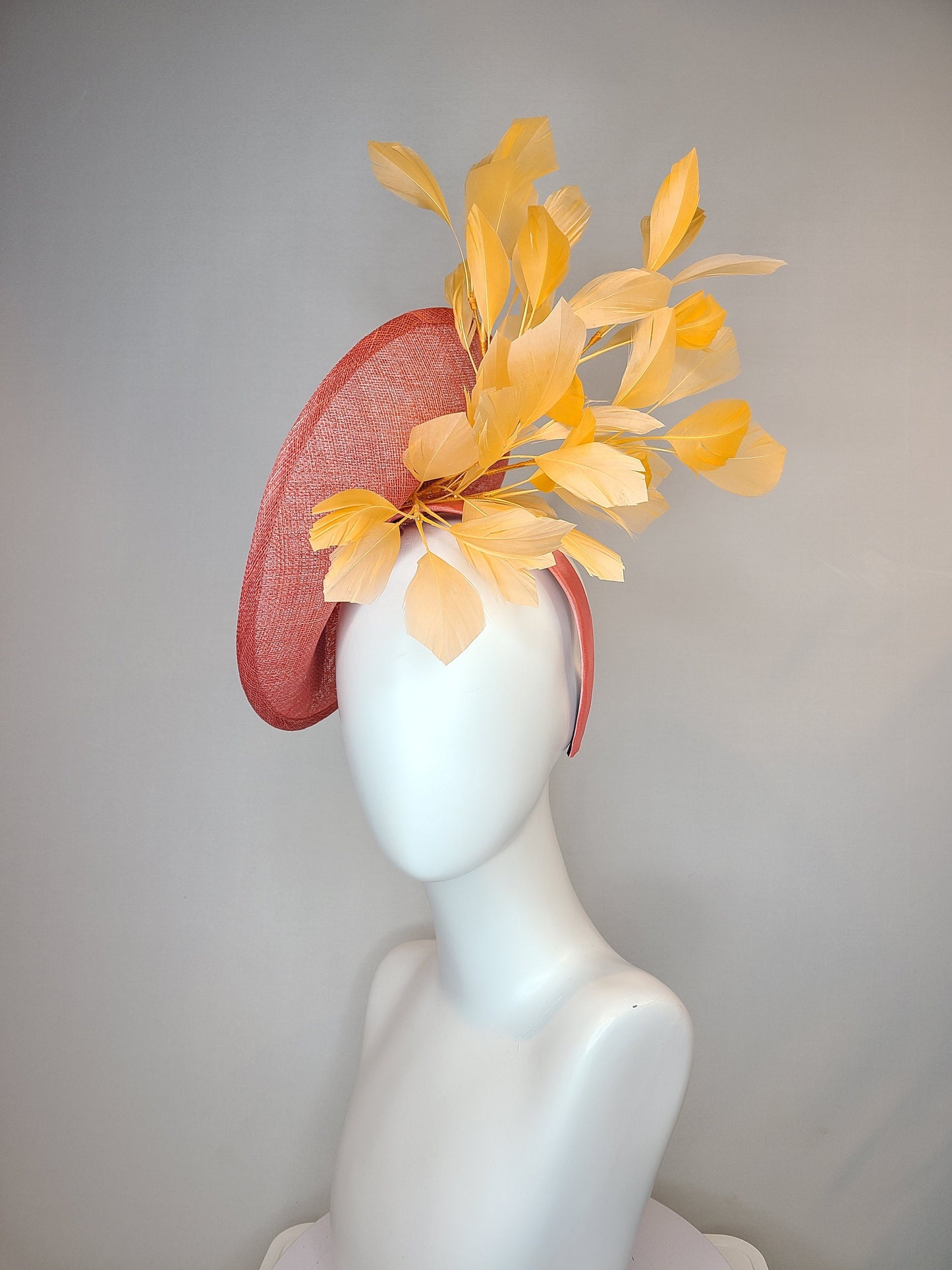 kentucky derby hat fascinator coral sinamay saucer with orange feathers with crystal rhinestone fruit grapes cherry lemon