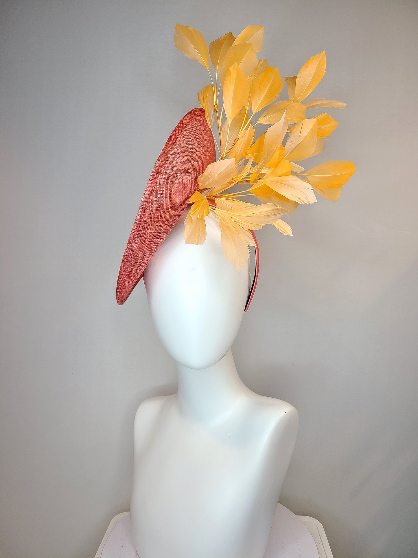 kentucky derby hat fascinator coral sinamay saucer with orange feathers with crystal rhinestone fruit grapes cherry lemon