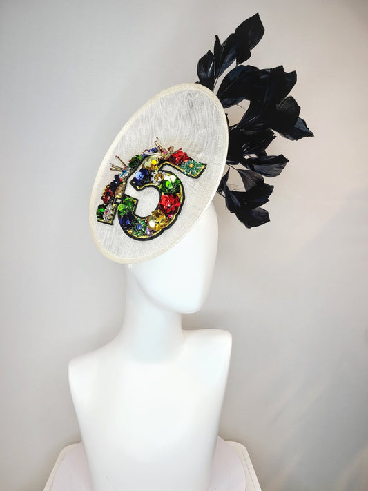 kentucky derby hat fascinator white sinamay saucer with crystal rhinestone jewel beaded rainbow colorful number 45 with large black feathers