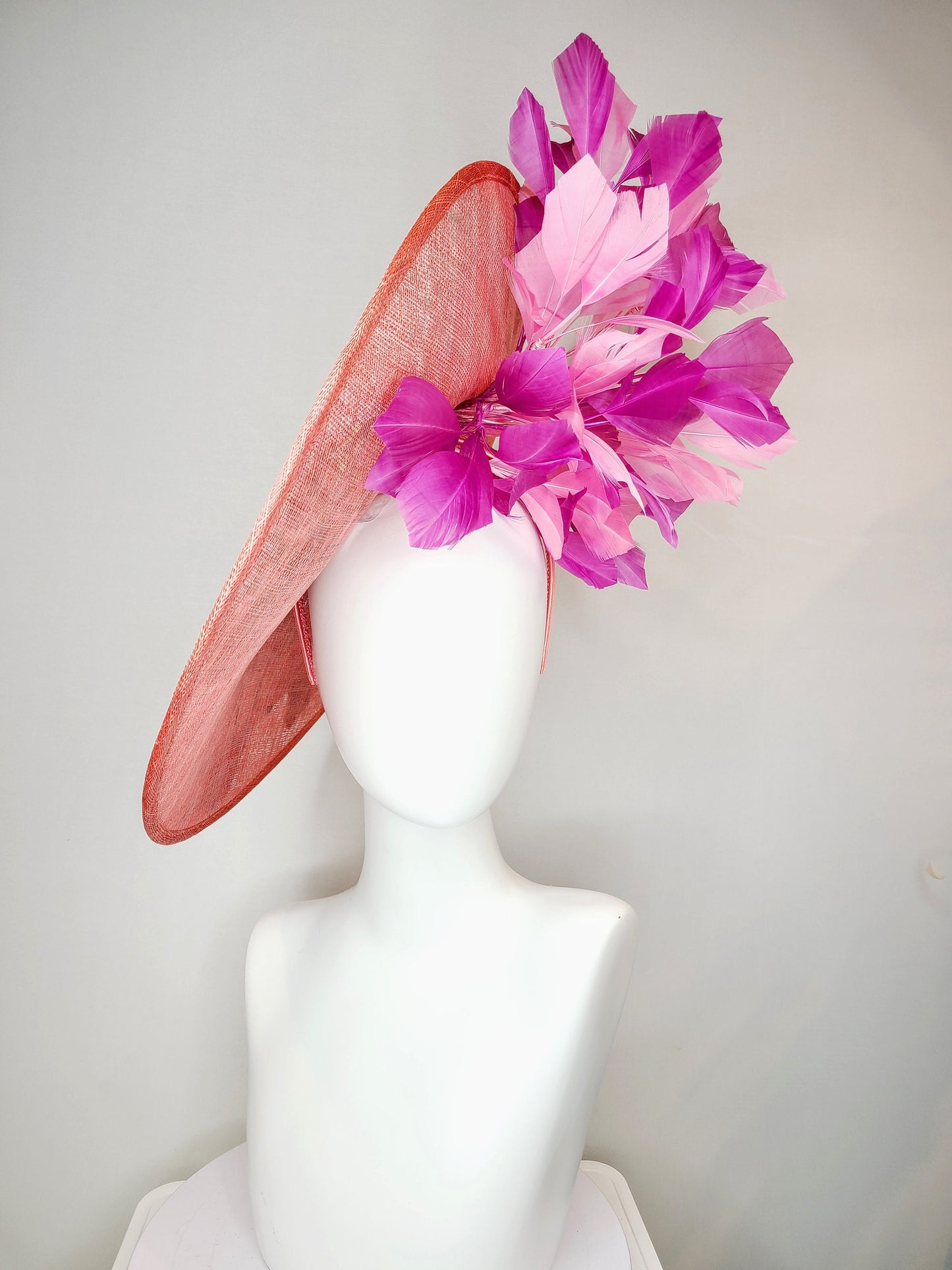 kentucky derby hat fascinator coral pink peach sinamay saucer fascinator with embroidered pink purple gold flowers with pink purple feathers