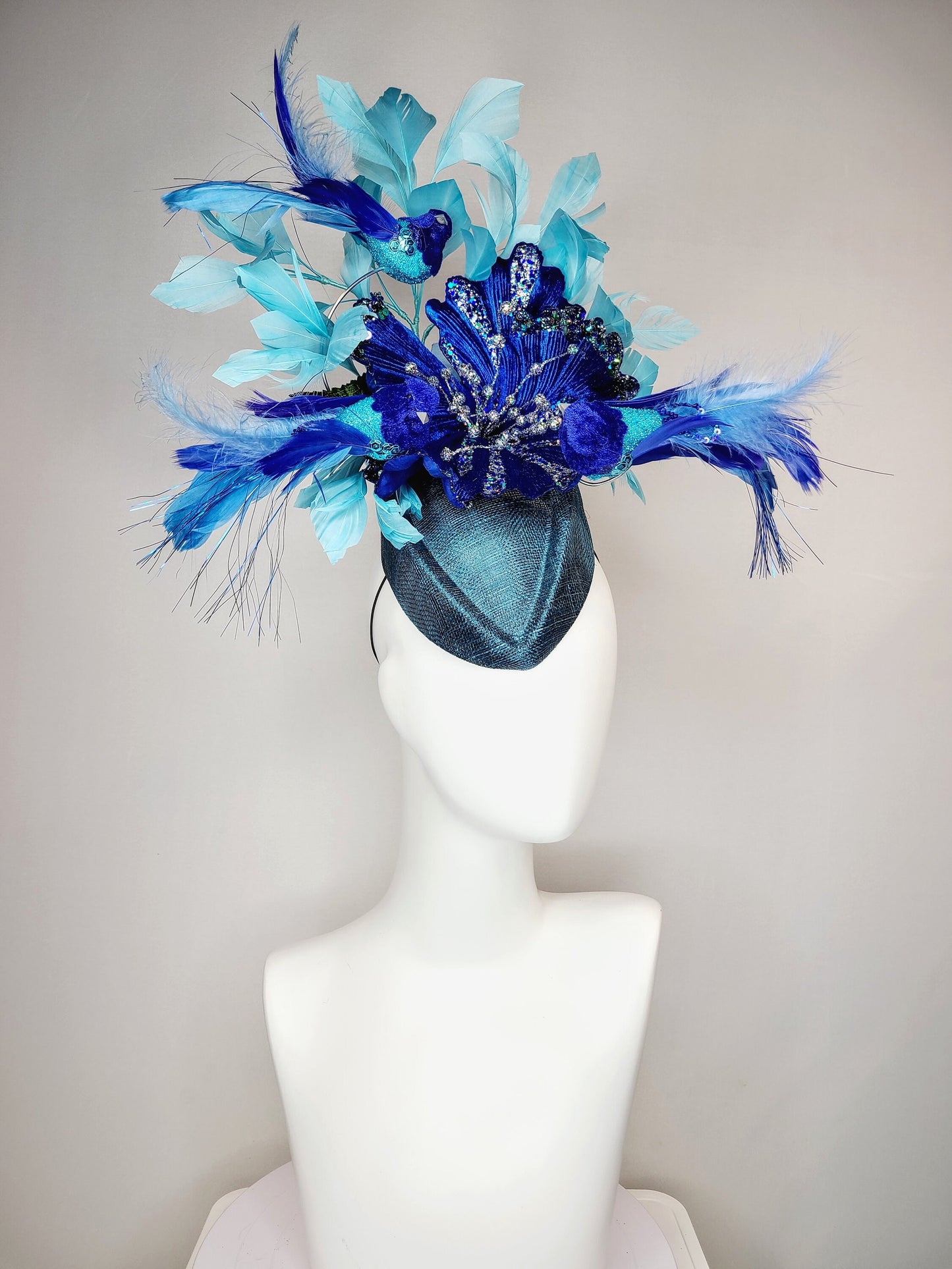 kentucky derby hat fascinator teal blue cocktail hat with royal blue  flying feather 2 birds velvet glitter flower light  blue feathers