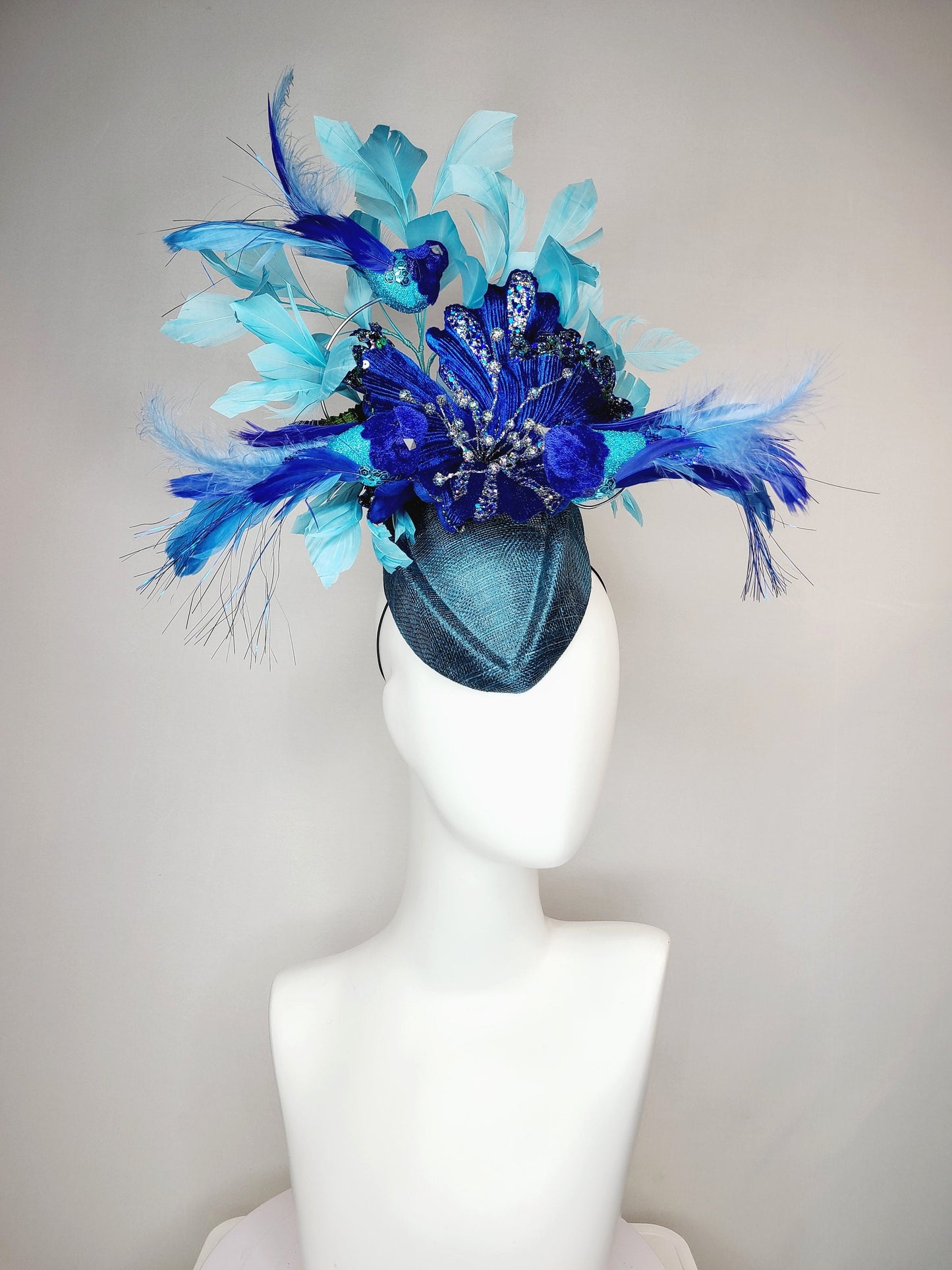 kentucky derby hat fascinator teal blue cocktail hat with royal blue  flying feather 2 birds velvet glitter flower light  blue feathers