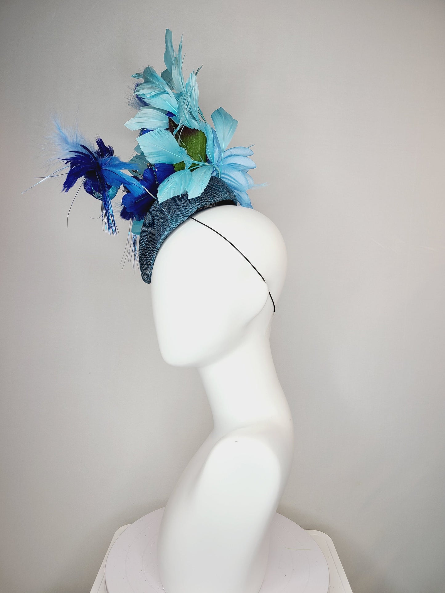 kentucky derby hat fascinator teal blue cocktail hat with royal blue  flying feather 2 birds velvet glitter flower light  blue feathers