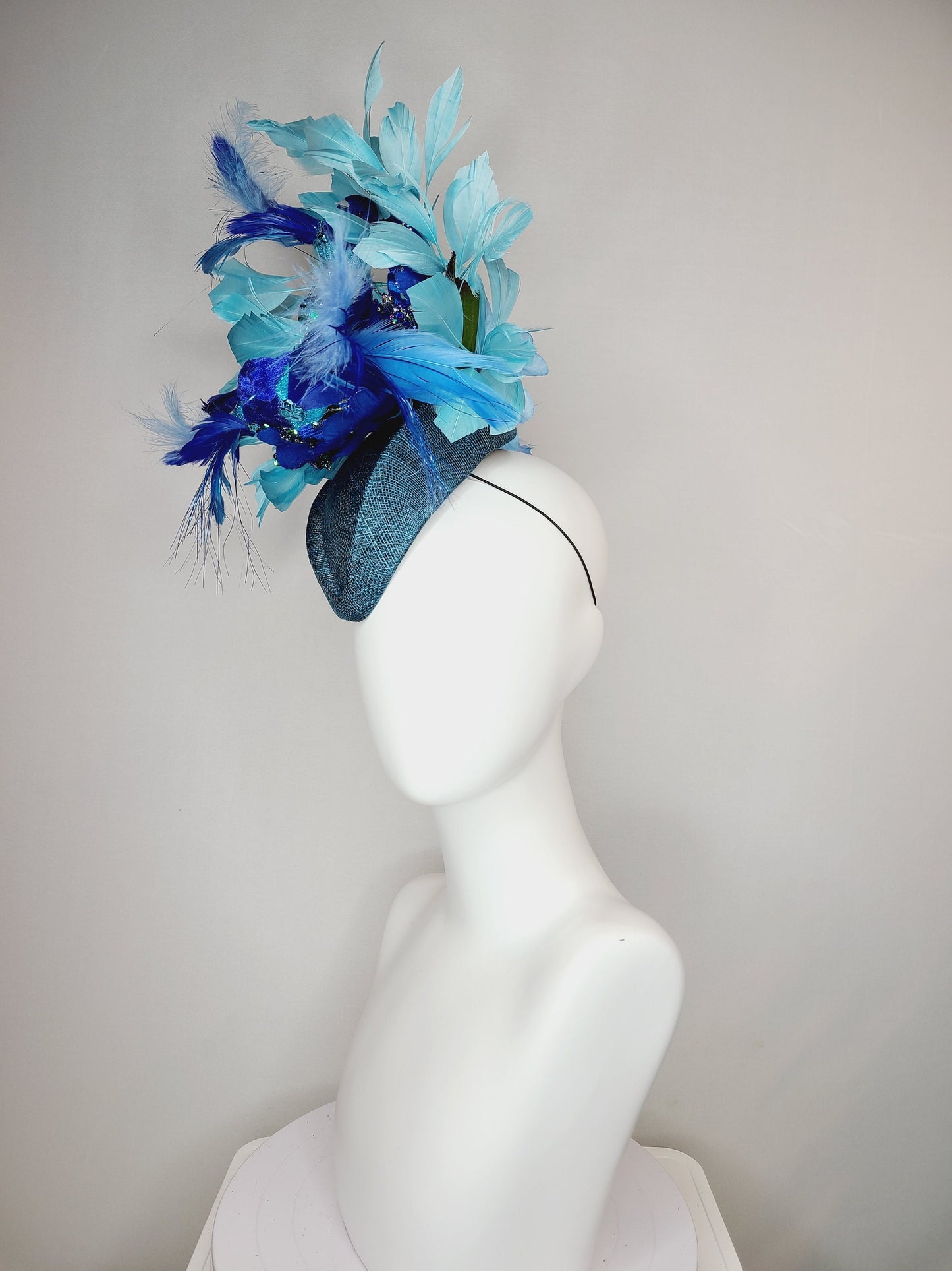 kentucky derby hat fascinator teal blue cocktail hat with royal blue  flying feather 2 birds velvet glitter flower light  blue feathers