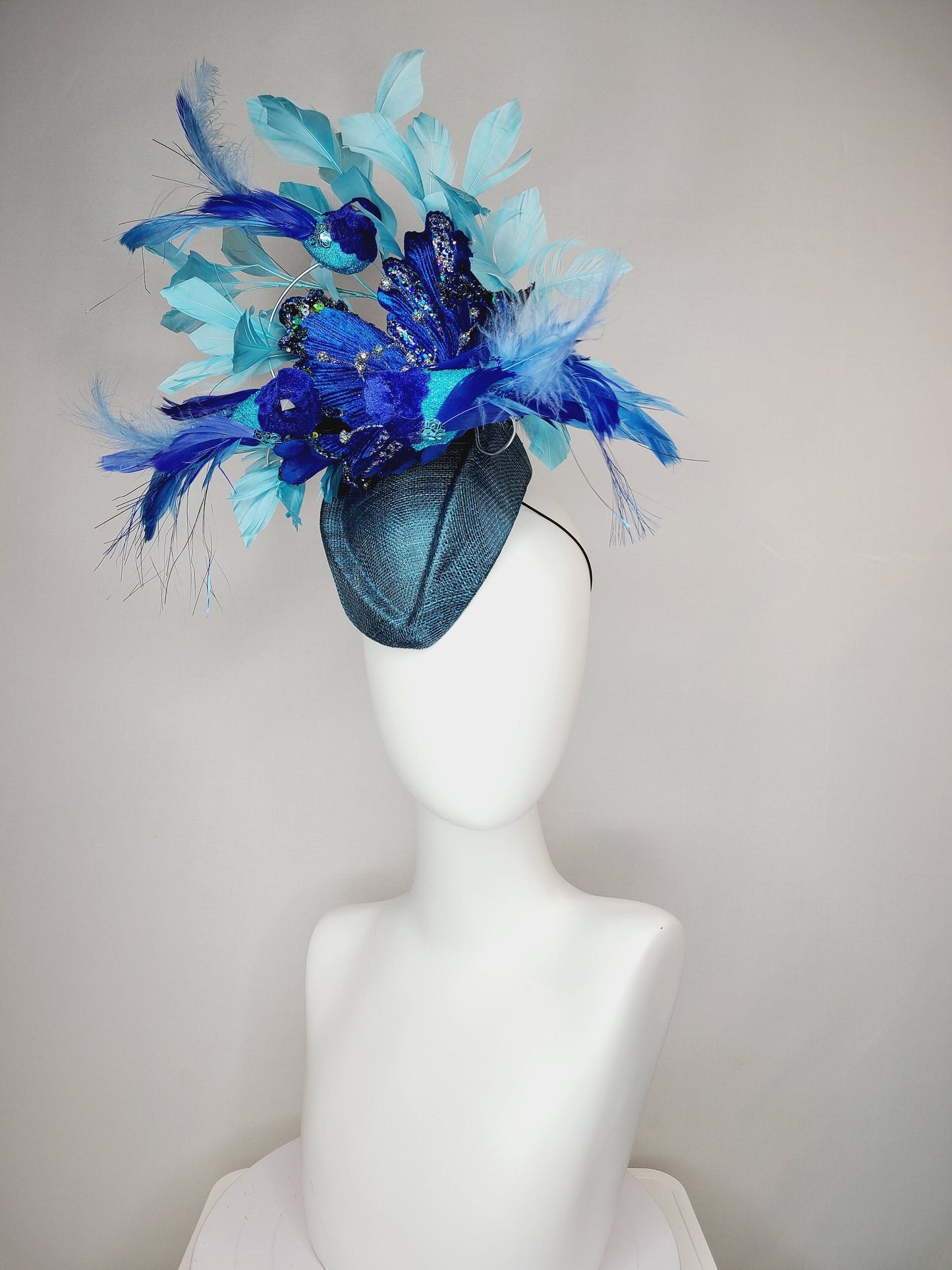 kentucky derby hat fascinator teal blue cocktail hat with royal blue  flying feather 2 birds velvet glitter flower light  blue feathers