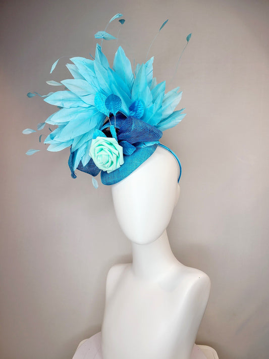kentucky derby hat fascinator turquoise blue sinamay with bow and curls mint blue green rose blue leaves and blue aqua large feathers