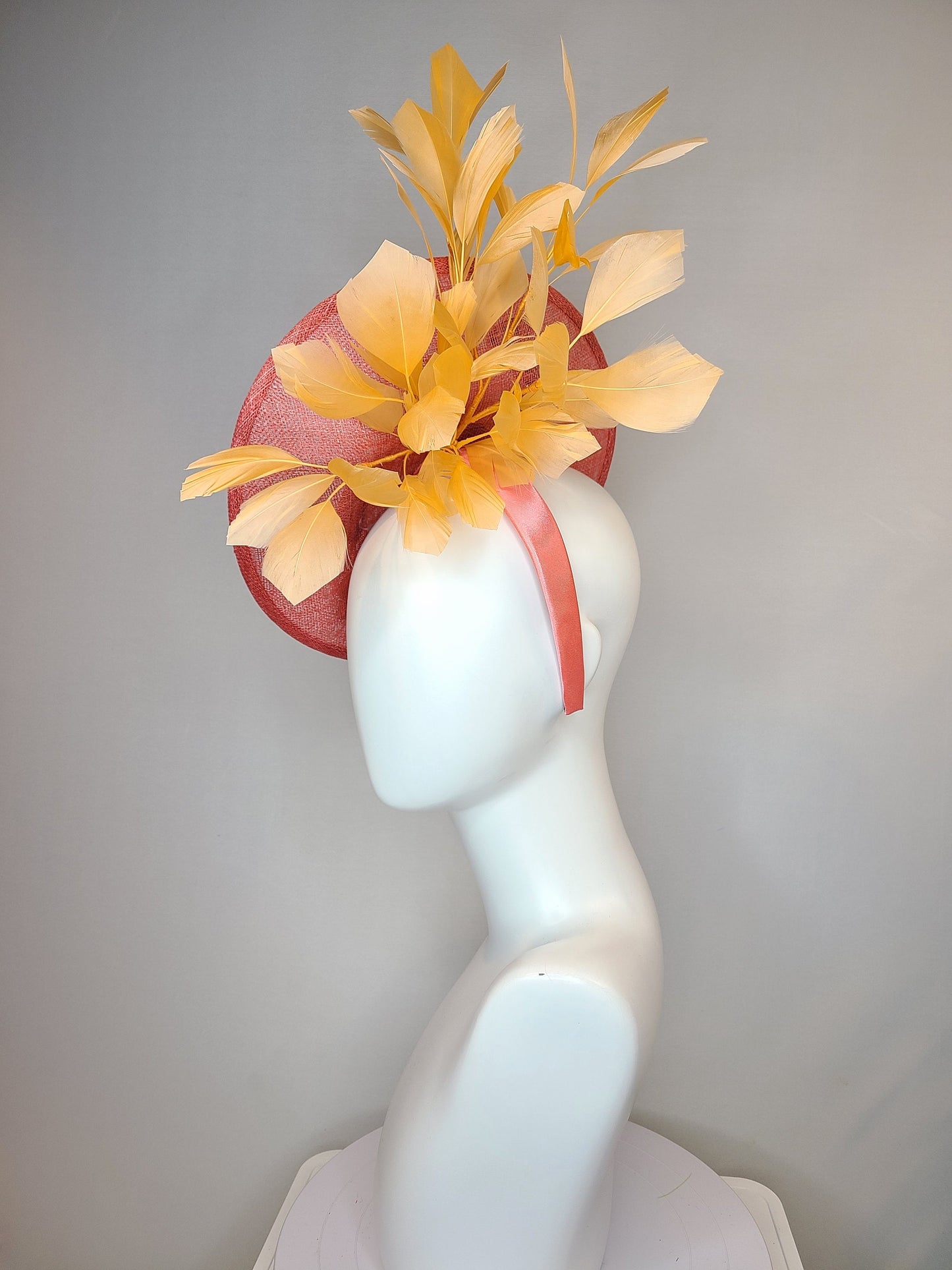 kentucky derby hat fascinator coral sinamay saucer with orange feathers with crystal rhinestone fruit grapes cherry lemon