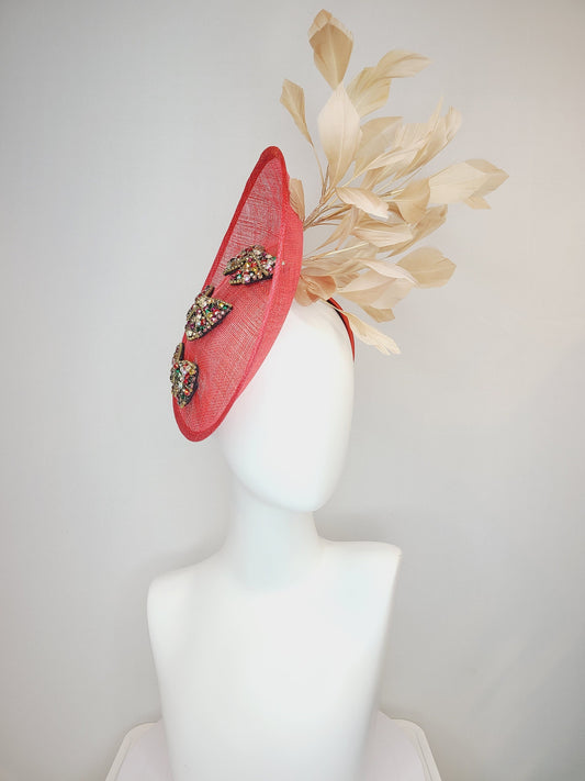 kentucky derby hat fascinator red sinamay with colorful crystal rhinestone bow decor with beige gold feathers