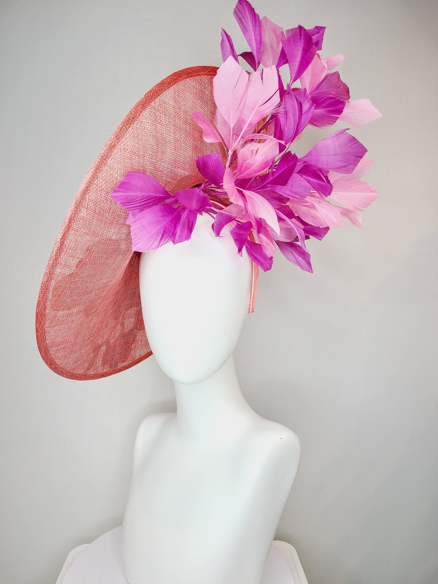 kentucky derby hat fascinator coral pink peach sinamay saucer fascinator with embroidered pink purple gold flowers with pink purple feathers