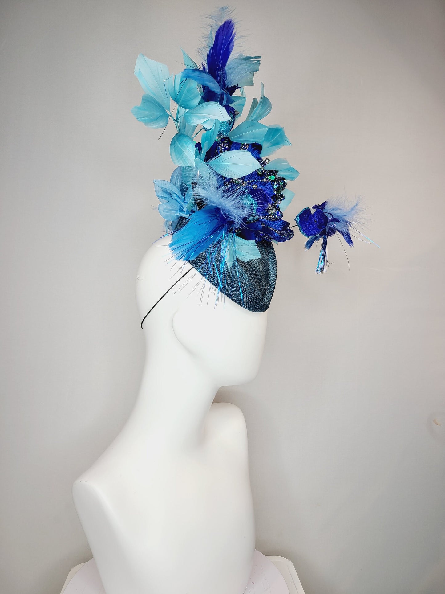 kentucky derby hat fascinator teal blue cocktail hat with royal blue  flying feather 2 birds velvet glitter flower light  blue feathers