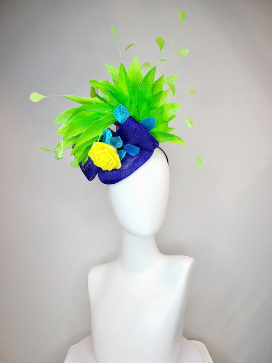 kentucky derby hat fascinator royal blue sinamay with bow and curls with yellow rose and turquoise leaves  lime green feathers