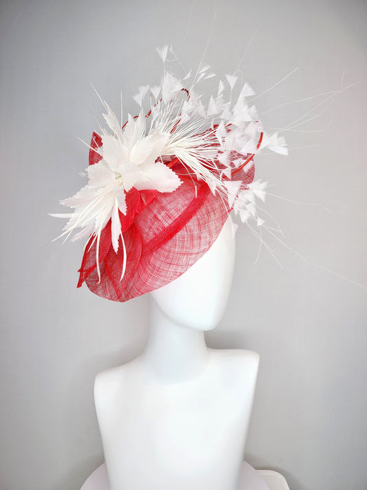 kentucky derby hat fascinator red sinamay saucer and flower with quills with white feather flower and feather spray