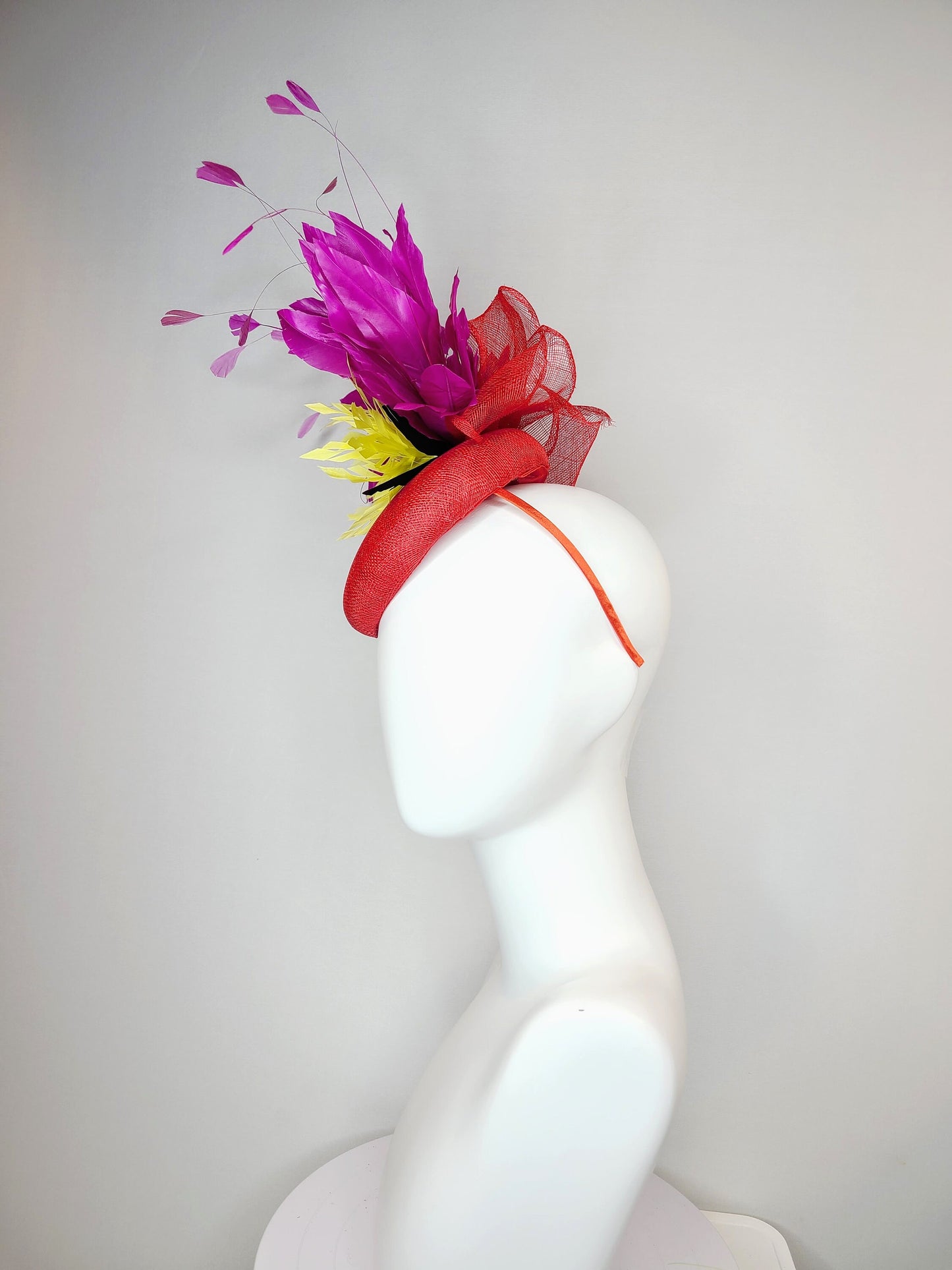 kentucky derby hat fascinator red sinamay purple violet feathers yellow feather flower black feather accent