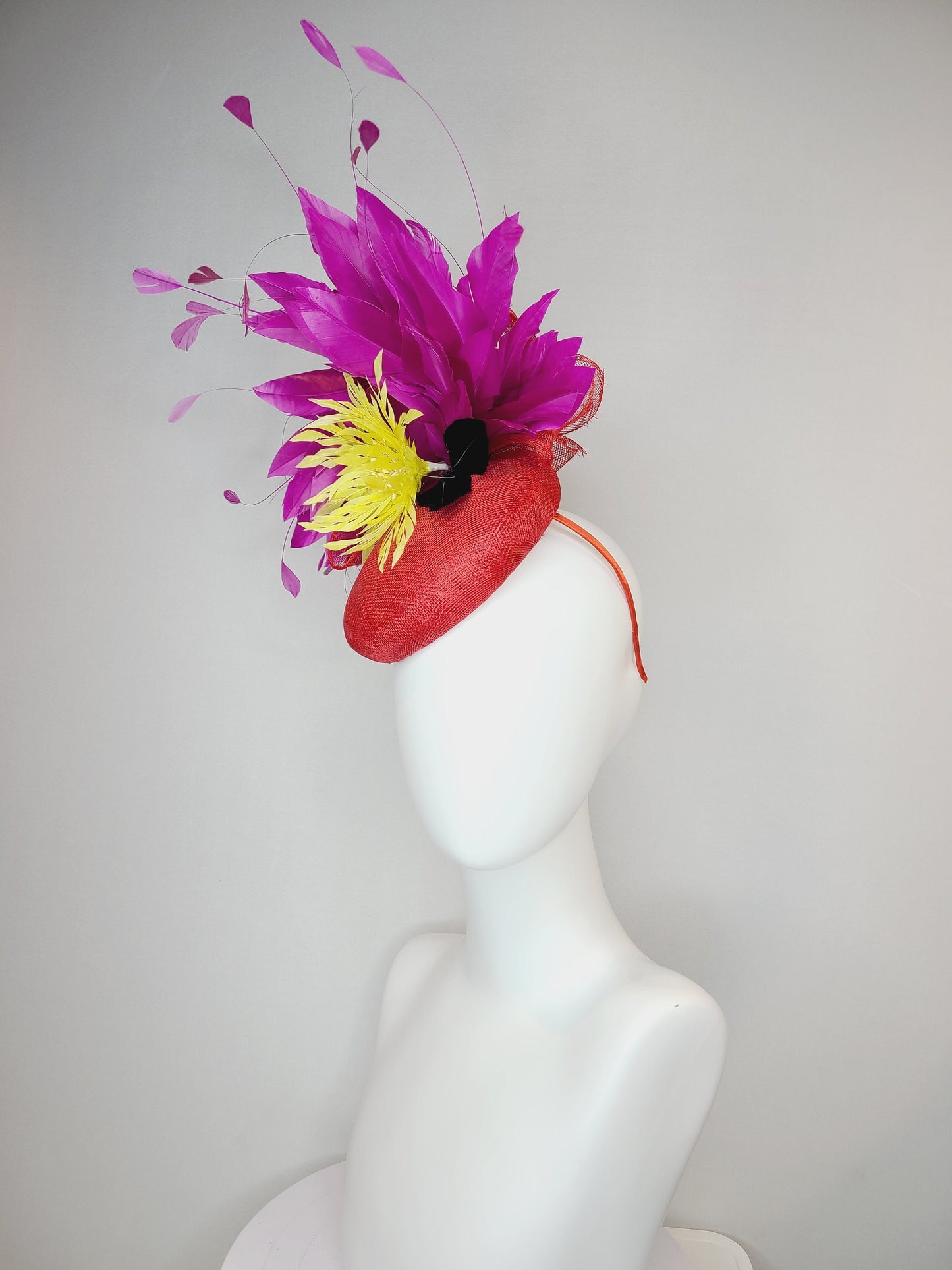 kentucky derby hat fascinator red sinamay purple violet feathers yellow feather flower black feather accent