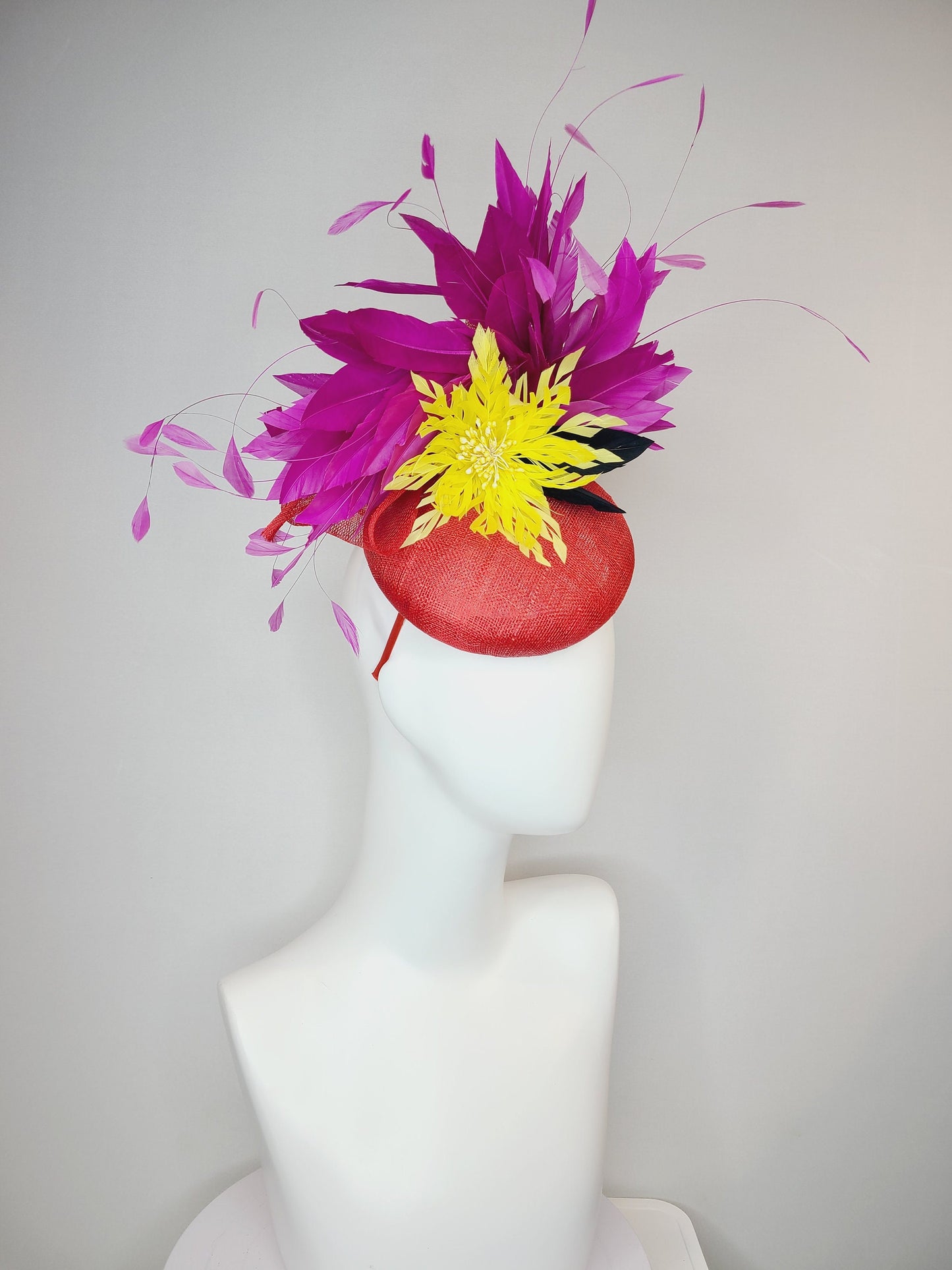 kentucky derby hat fascinator red sinamay purple violet feathers yellow feather flower black feather accent