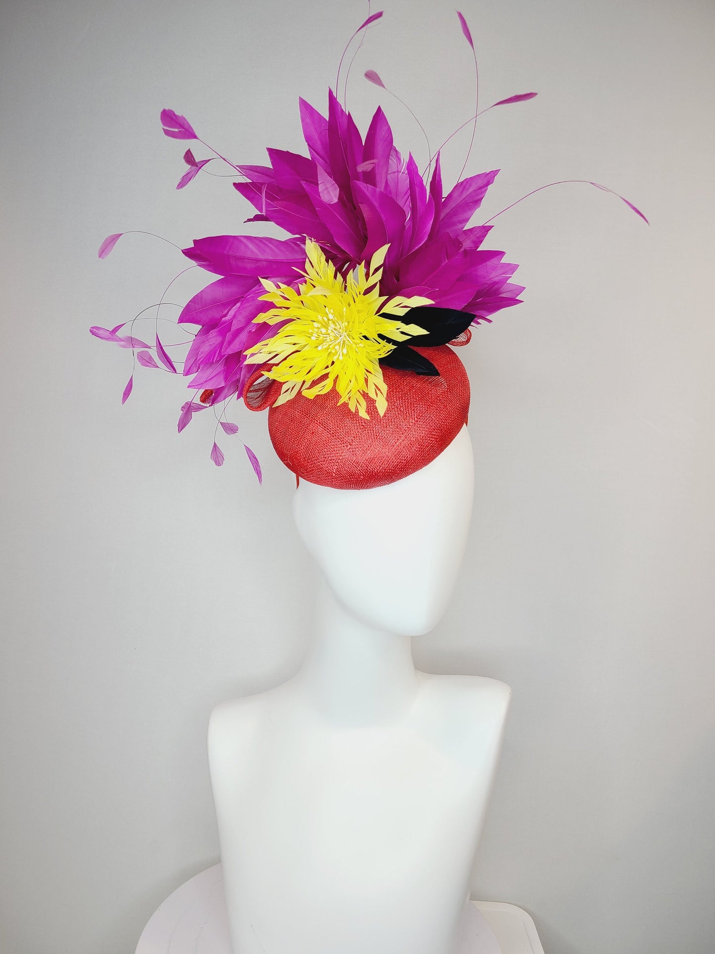 kentucky derby hat fascinator red sinamay purple violet feathers yellow feather flower black feather accent