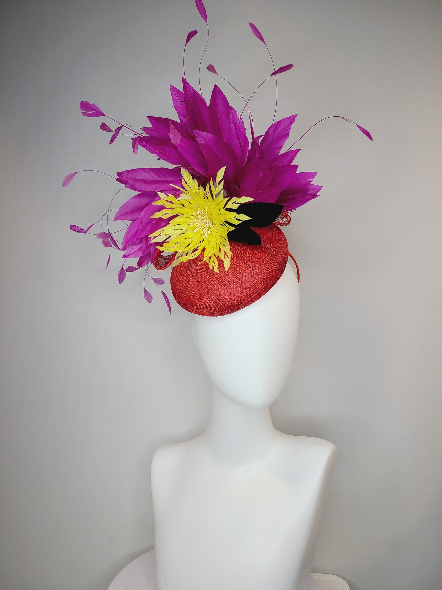 kentucky derby hat fascinator red sinamay purple violet feathers yellow feather flower black feather accent