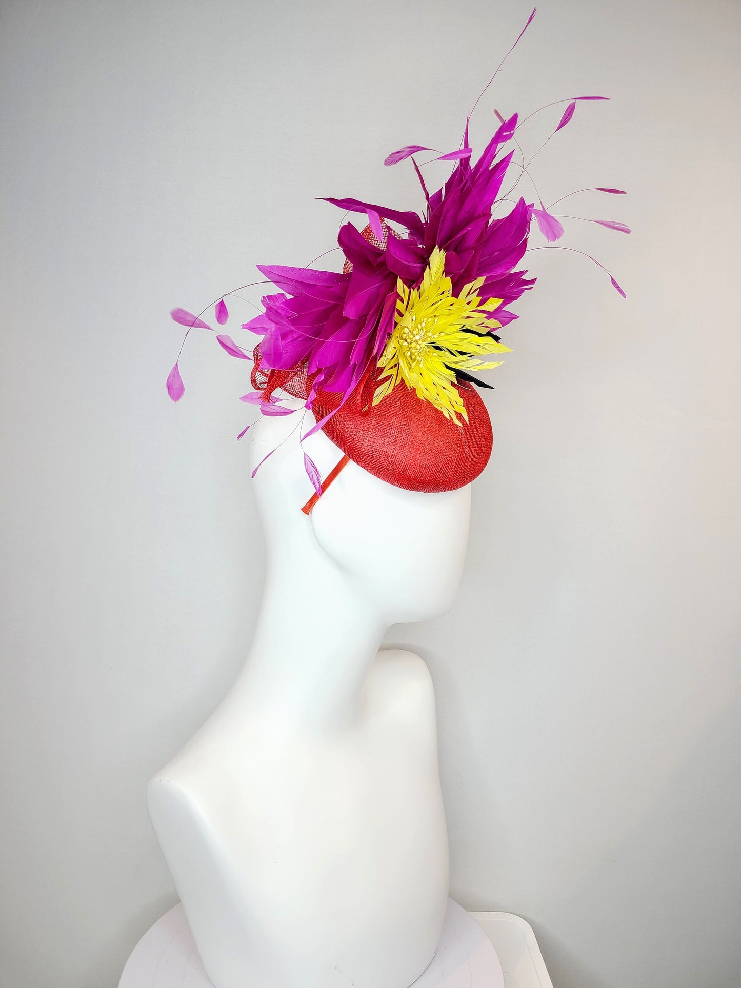 kentucky derby hat fascinator red sinamay purple violet feathers yellow feather flower black feather accent