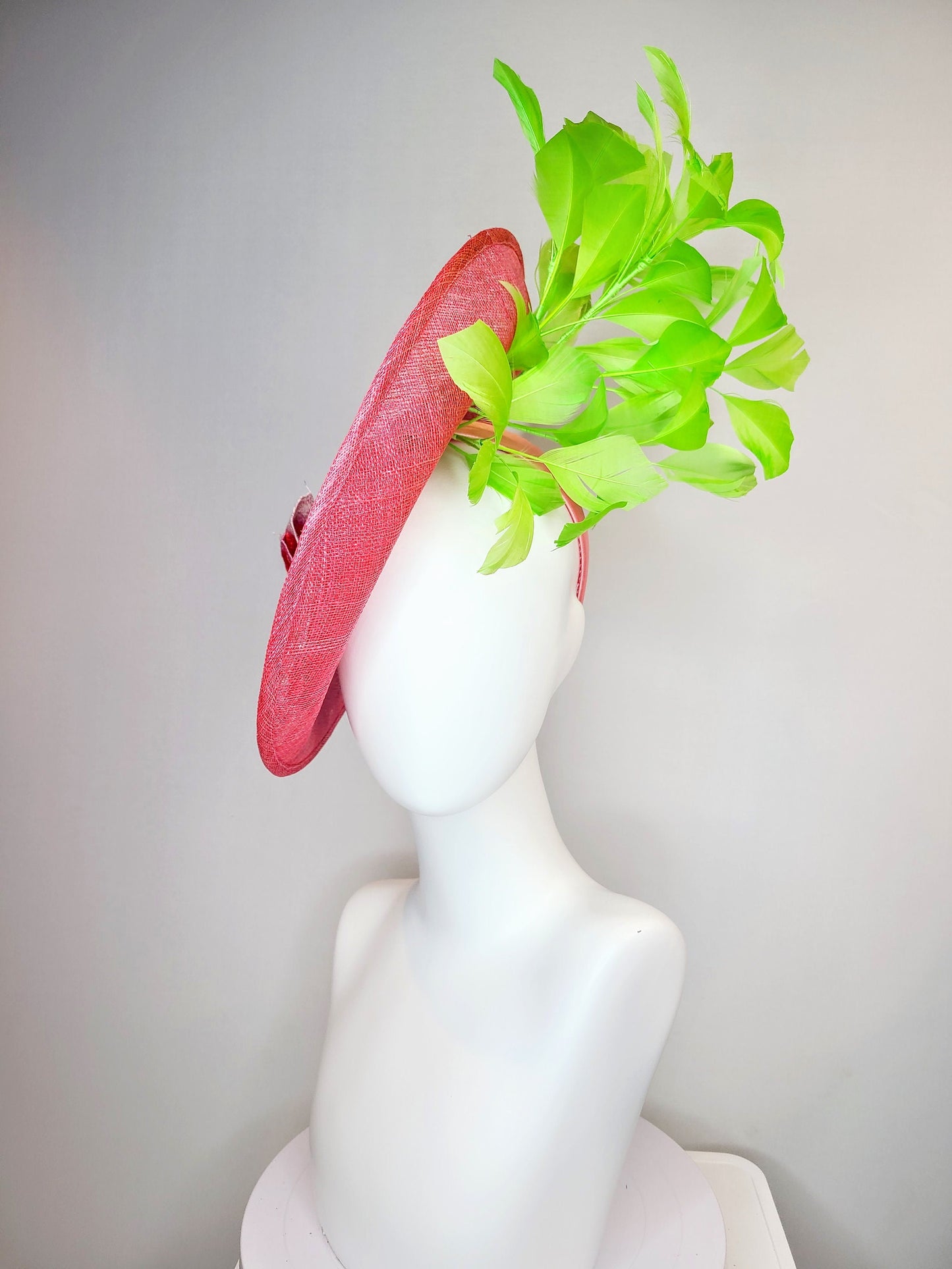 kentucky derby hat fascinator coral orange sinamay fascinator with pink fuchsia green embroidered flowers green feathers