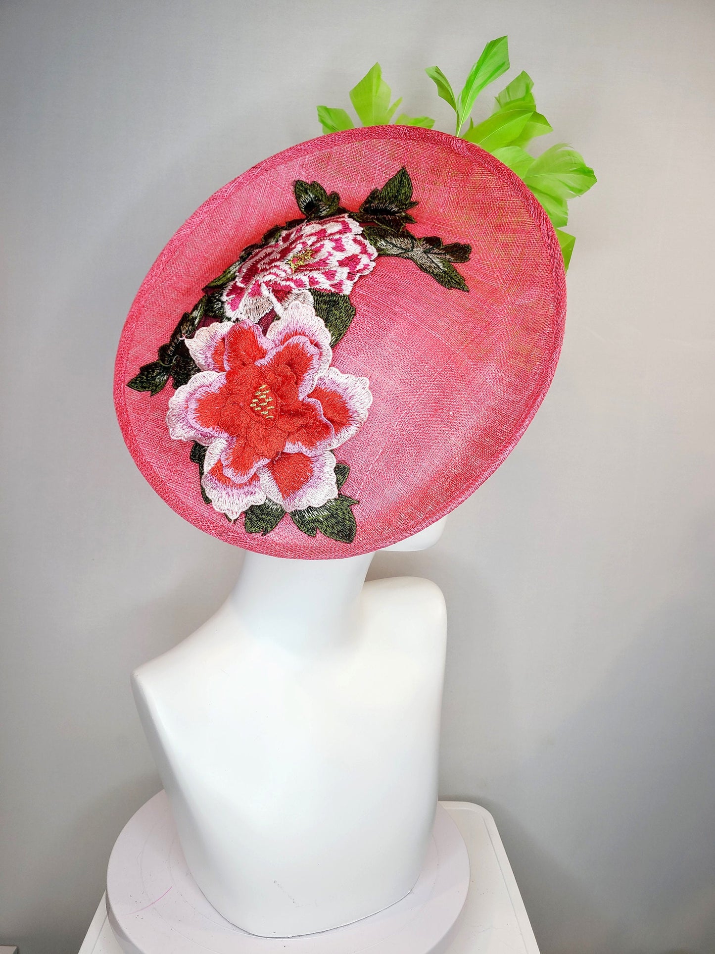 kentucky derby hat fascinator coral orange sinamay fascinator with pink fuchsia green embroidered flowers green feathers