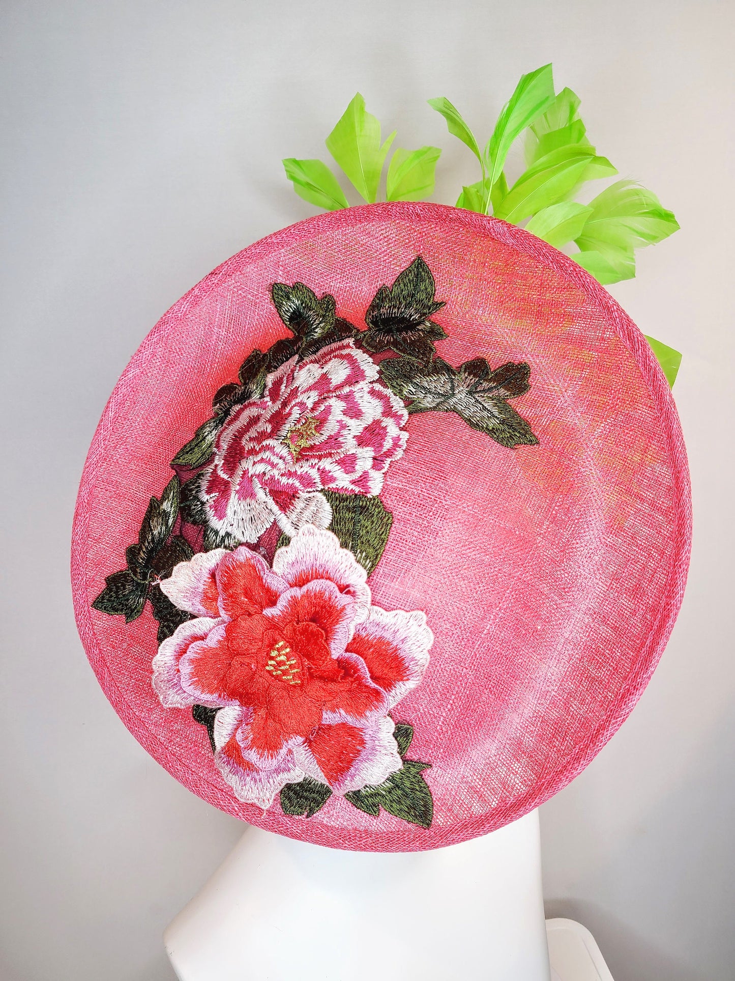 kentucky derby hat fascinator coral orange sinamay fascinator with pink fuchsia green embroidered flowers green feathers