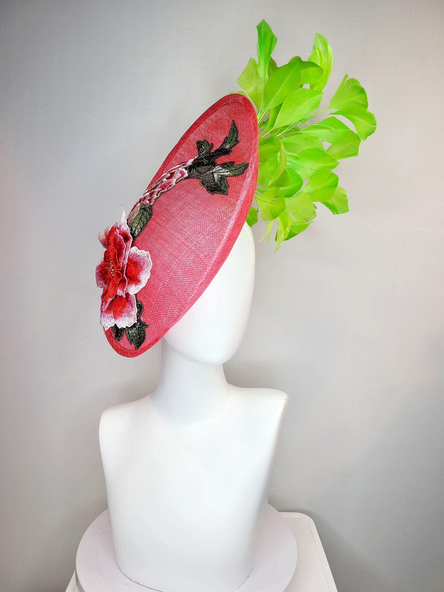 kentucky derby hat fascinator coral orange sinamay fascinator with pink fuchsia green embroidered flowers green feathers