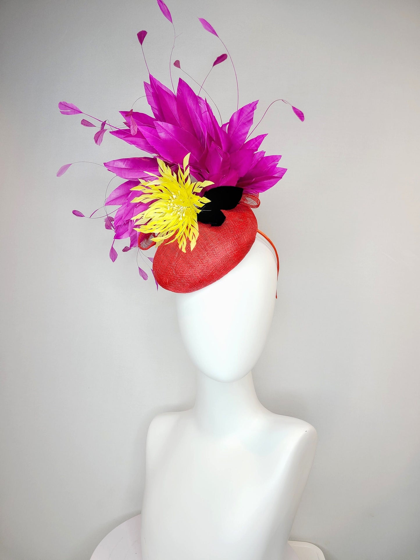 kentucky derby hat fascinator red sinamay purple violet feathers yellow feather flower black feather accent