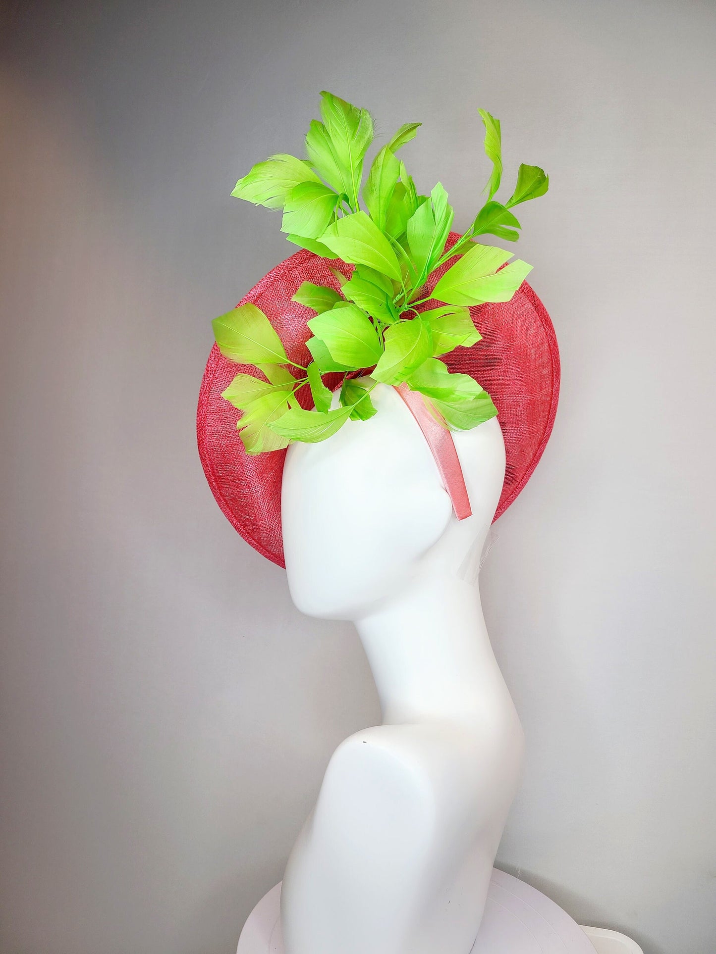 kentucky derby hat fascinator coral orange sinamay fascinator with pink fuchsia green embroidered flowers green feathers