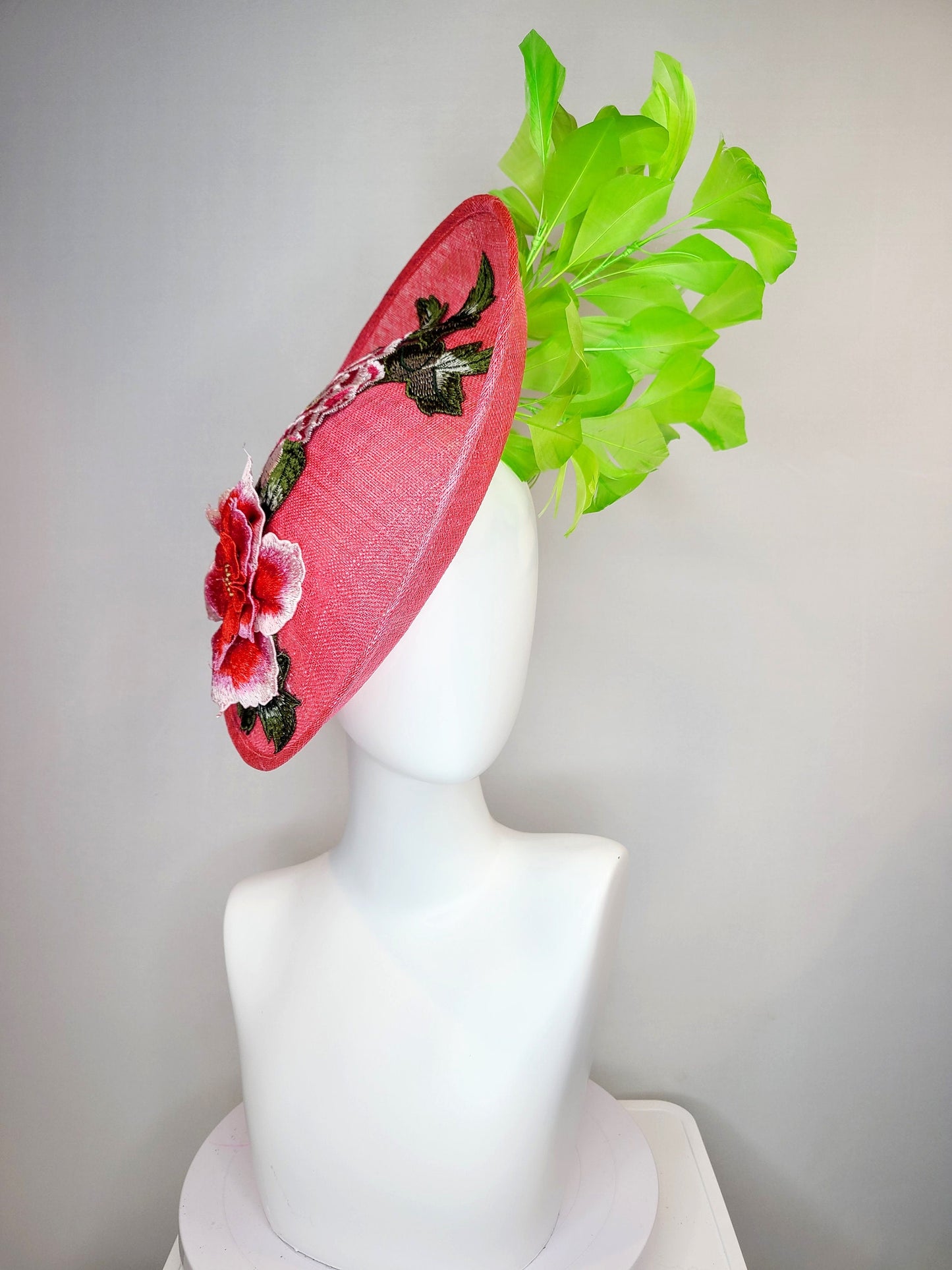 kentucky derby hat fascinator coral orange sinamay fascinator with pink fuchsia green embroidered flowers green feathers