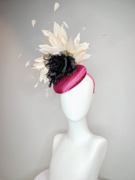 kentucky derby hat fascinator pink fuchsia satin with gorgeous black organza velvet flower rose and  champagne feathers