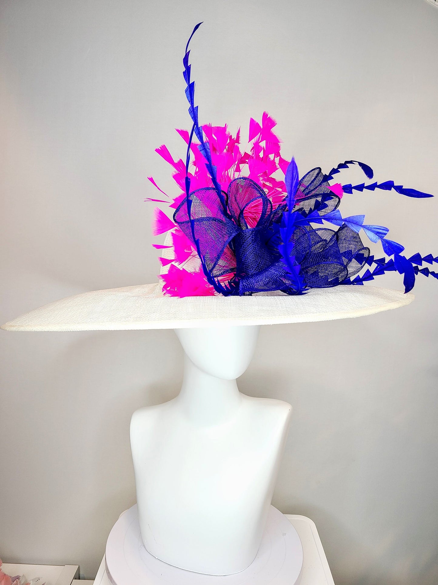 kentucky derby hat wide brim white sinamay with royal blue sinamay bow and hot pink fuchsia feathers